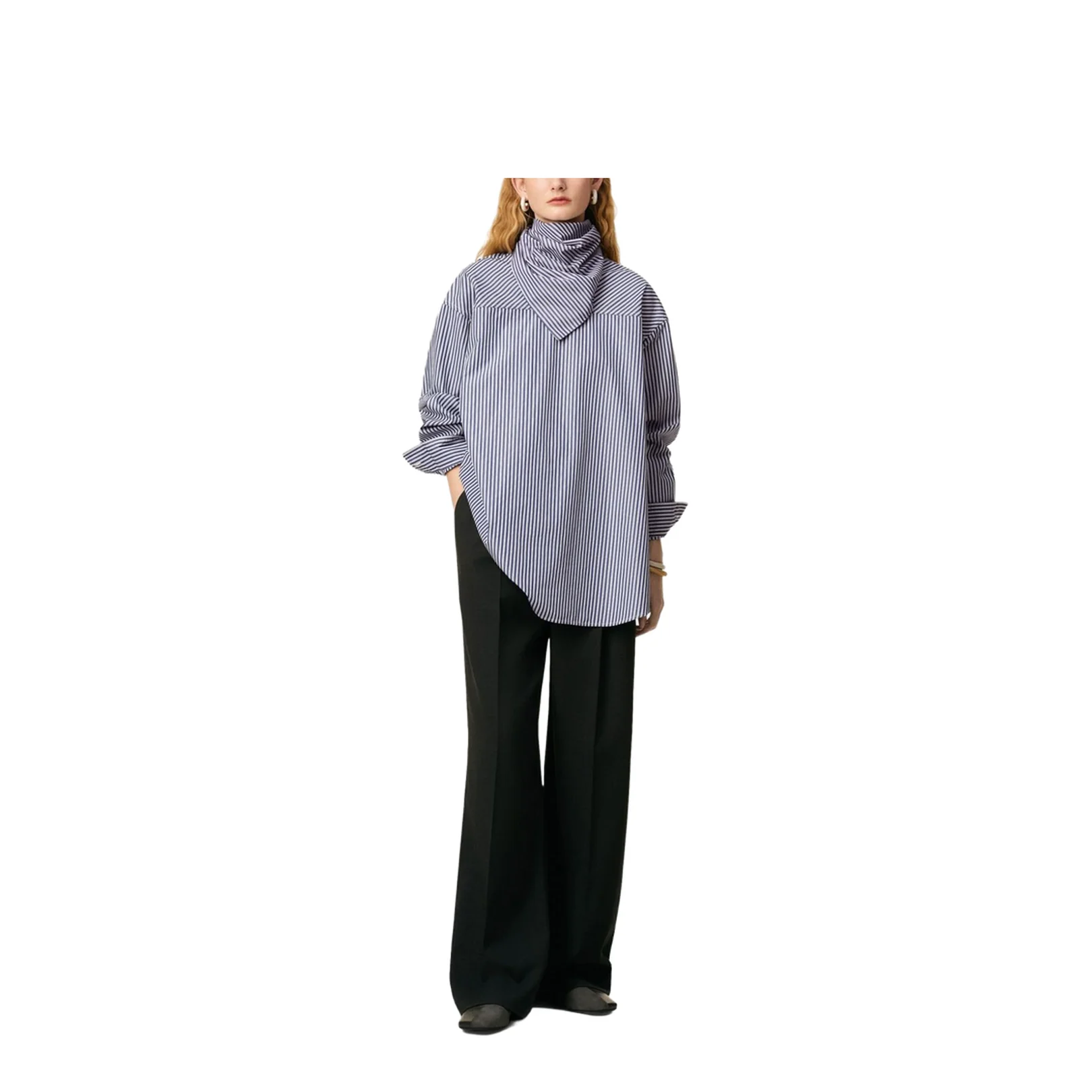 Blue Cotton Long Sleeves Striped Bandana Blouse - Image 7