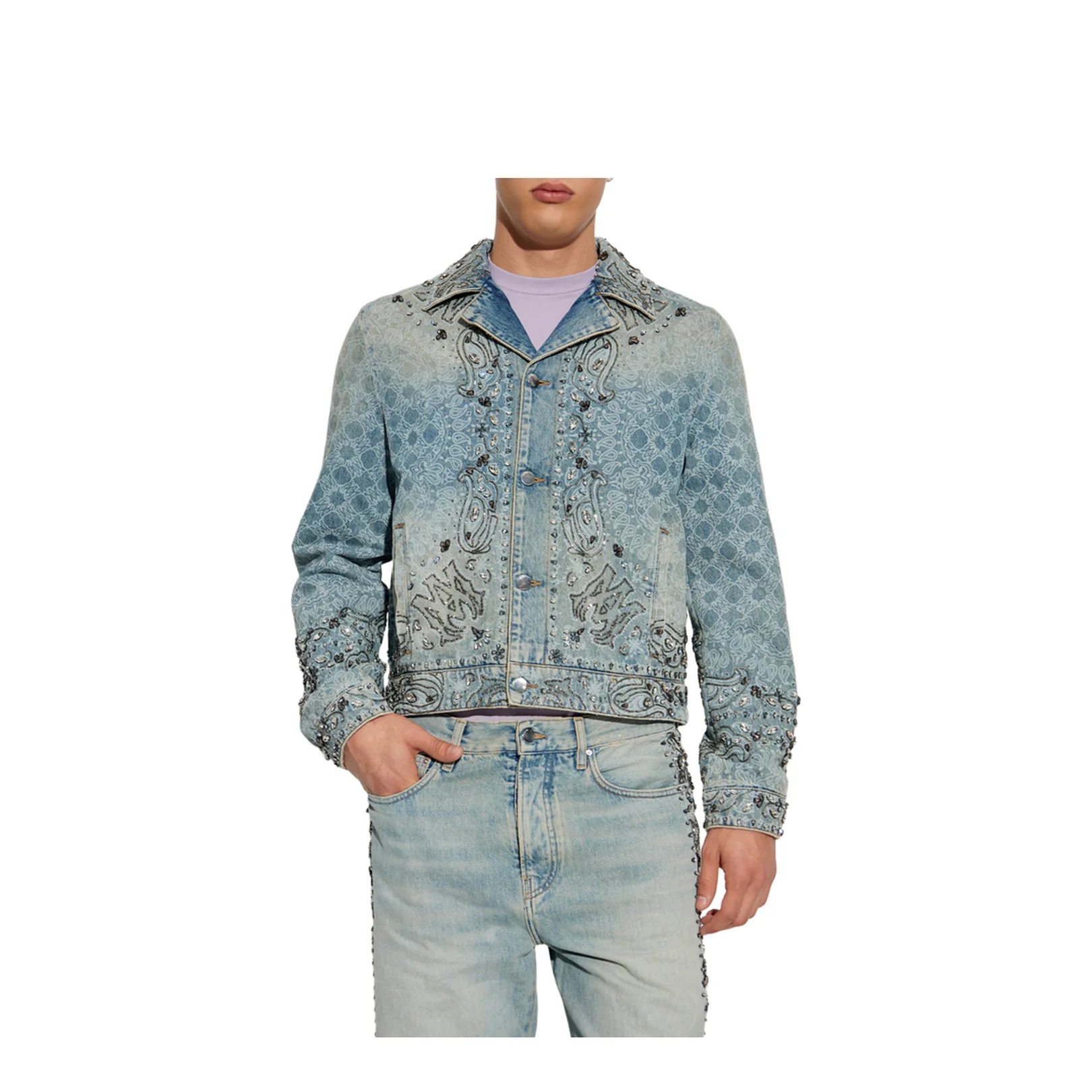 Embroidered Denim Jacket Light Blue Refined Distressed - Image 3