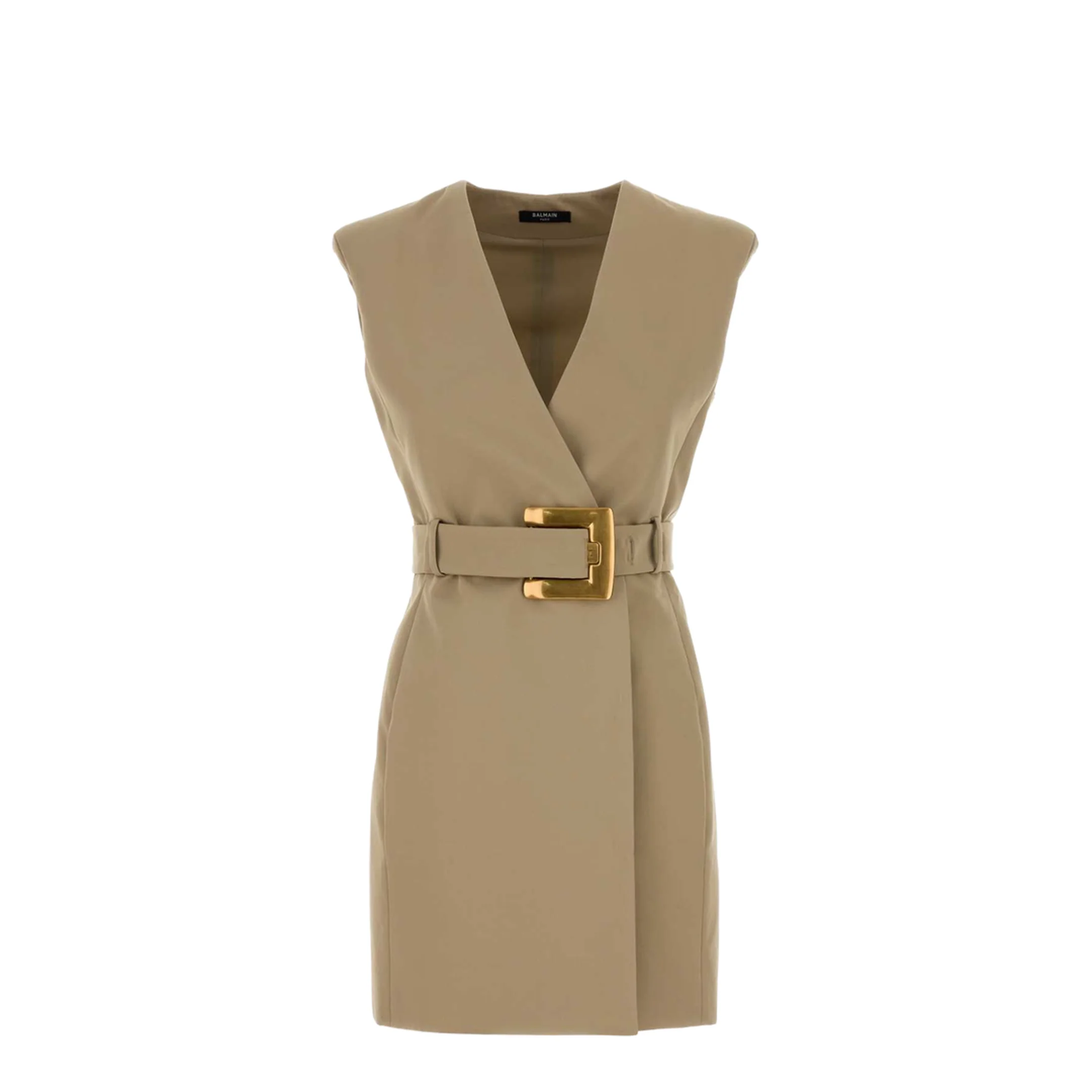 Belted Cotton Mini Dress Beige - Image 2