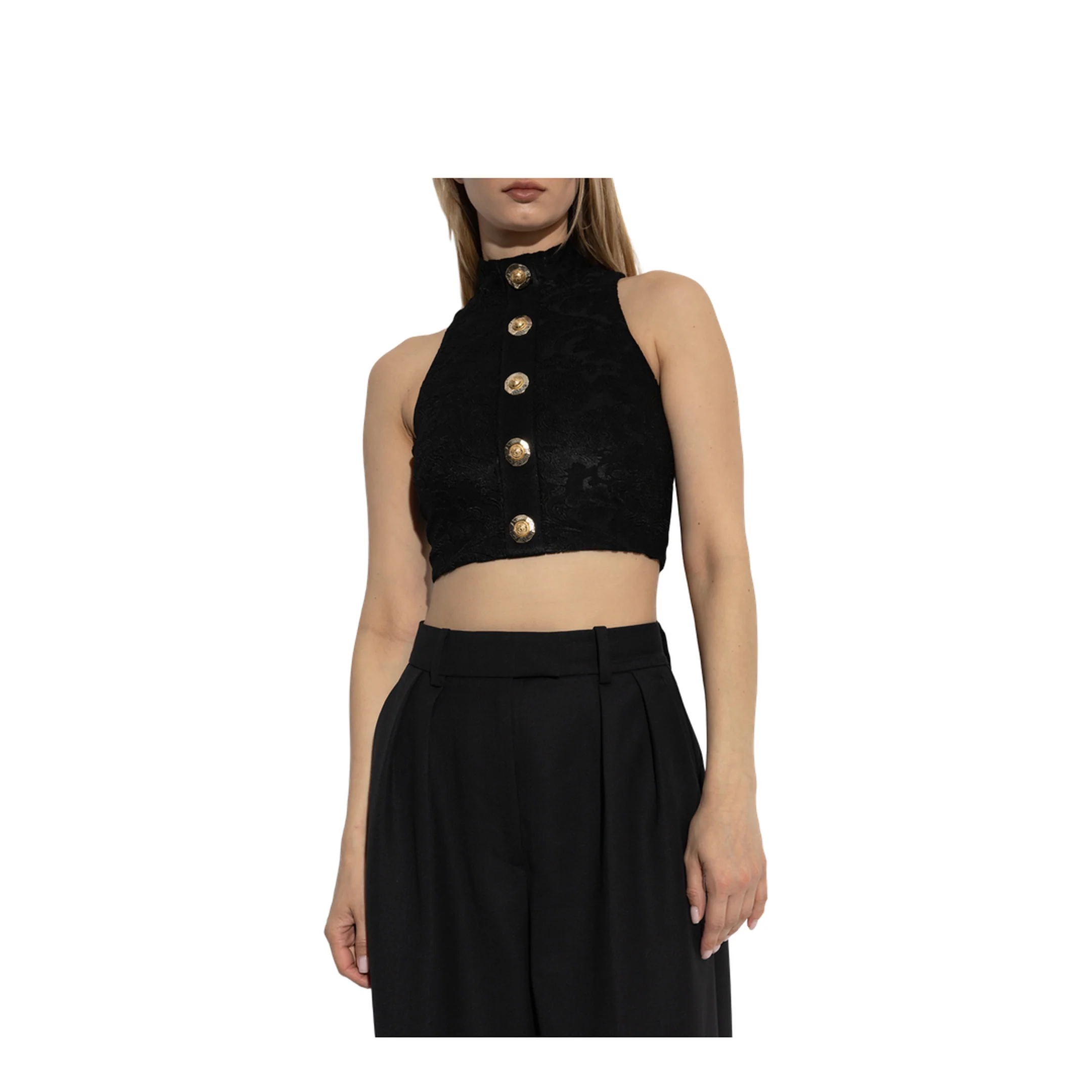 Baroque Pattern Buttoned Top Black - Image 3
