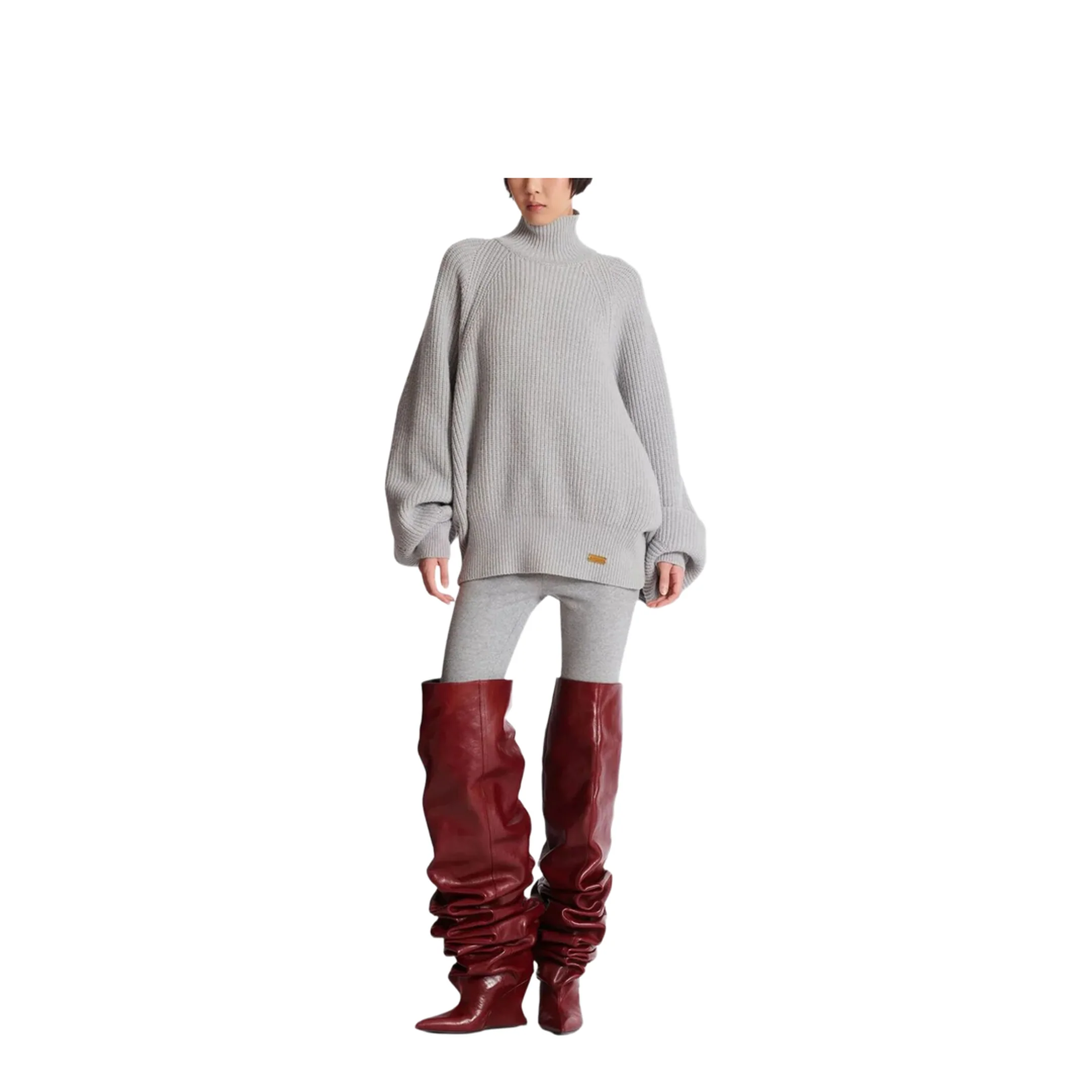 High-neck Ribbed Knitted Sweater Grey - Image 2