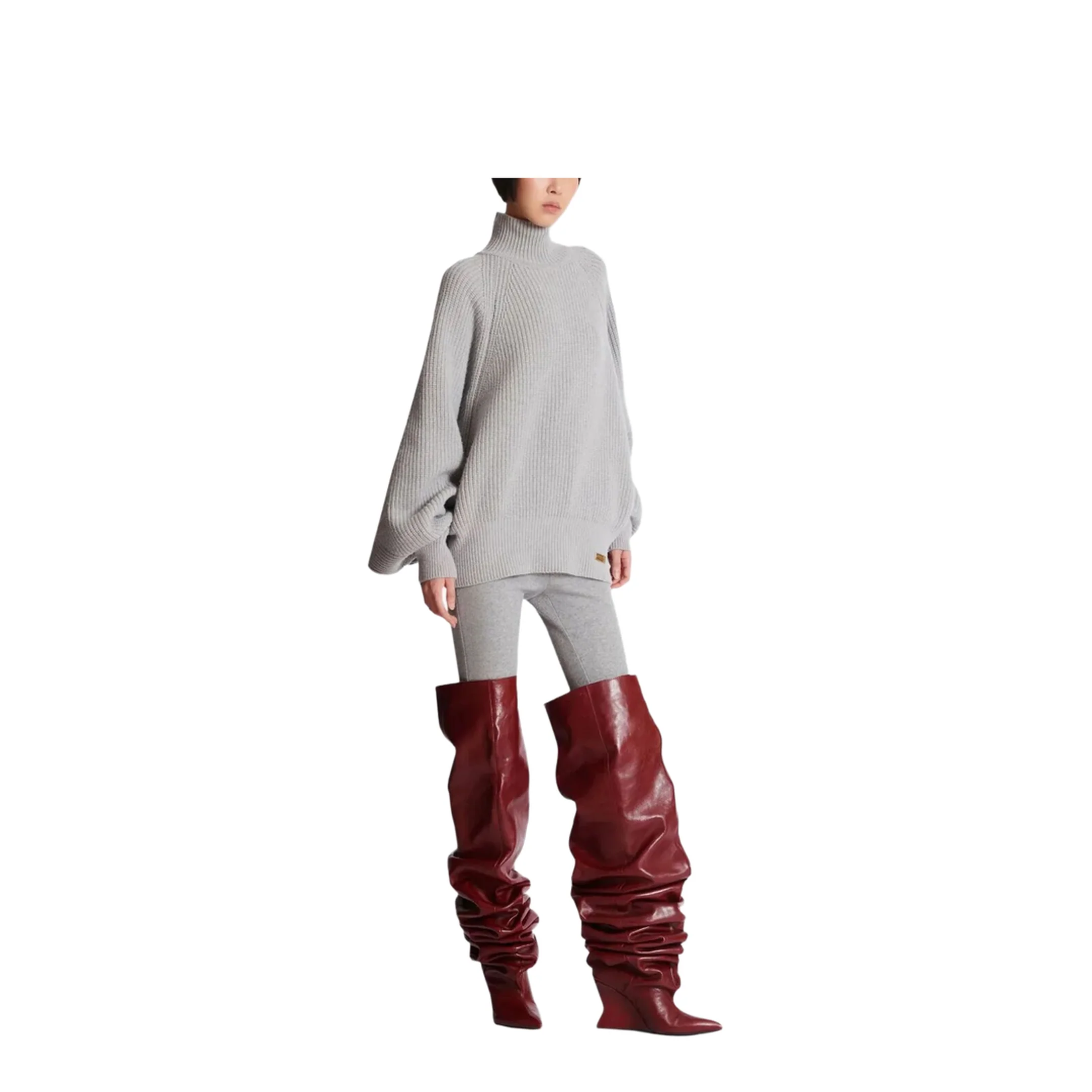 High-neck Ribbed Knitted Sweater Grey - Image 4
