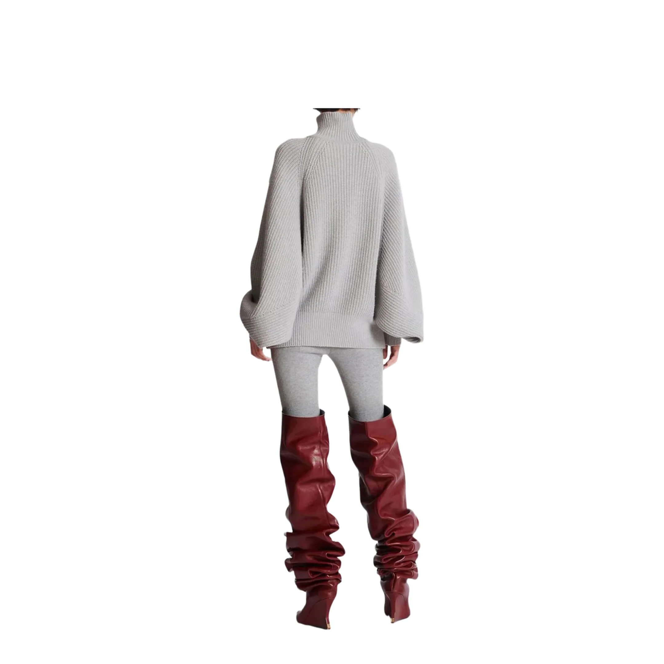 High-neck Ribbed Knitted Sweater Grey - Image 5