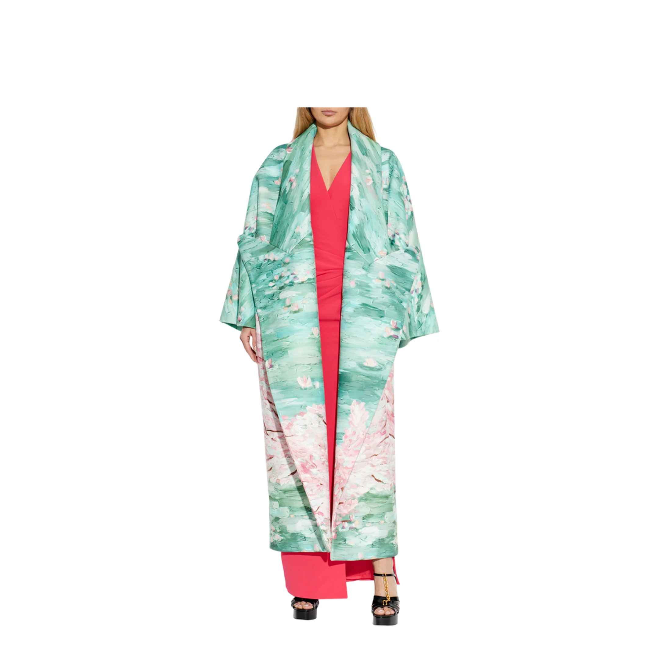Floral Motif Long Coat Green - Image 3