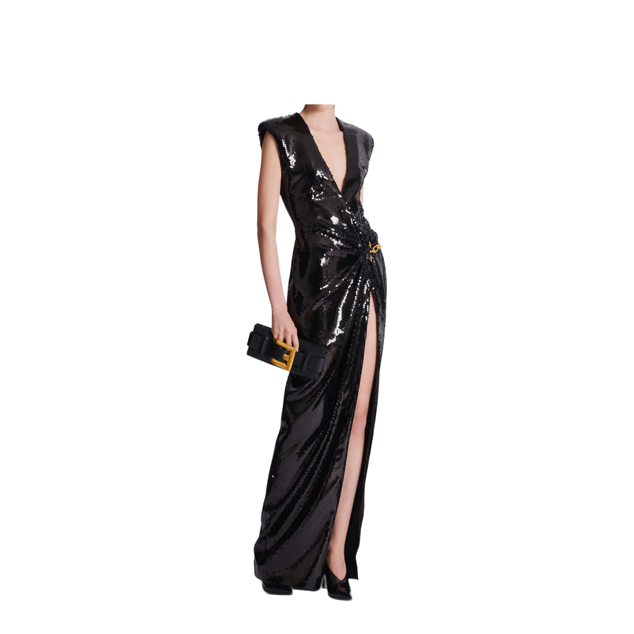 Long Draped Sequin Dress with Embellished Detail - Image 2