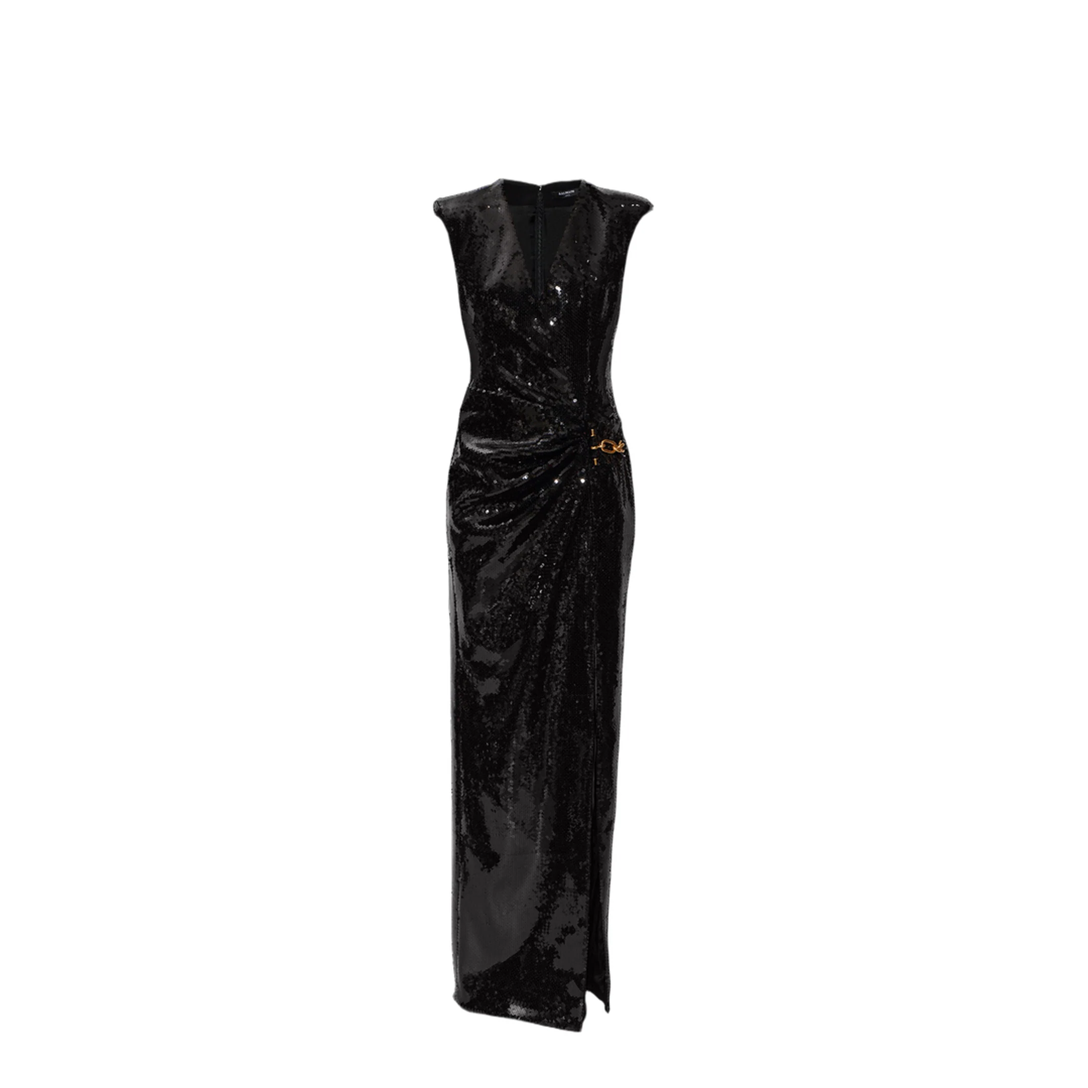 Long Draped Sequin Dress with Embellished Detail - Image 3