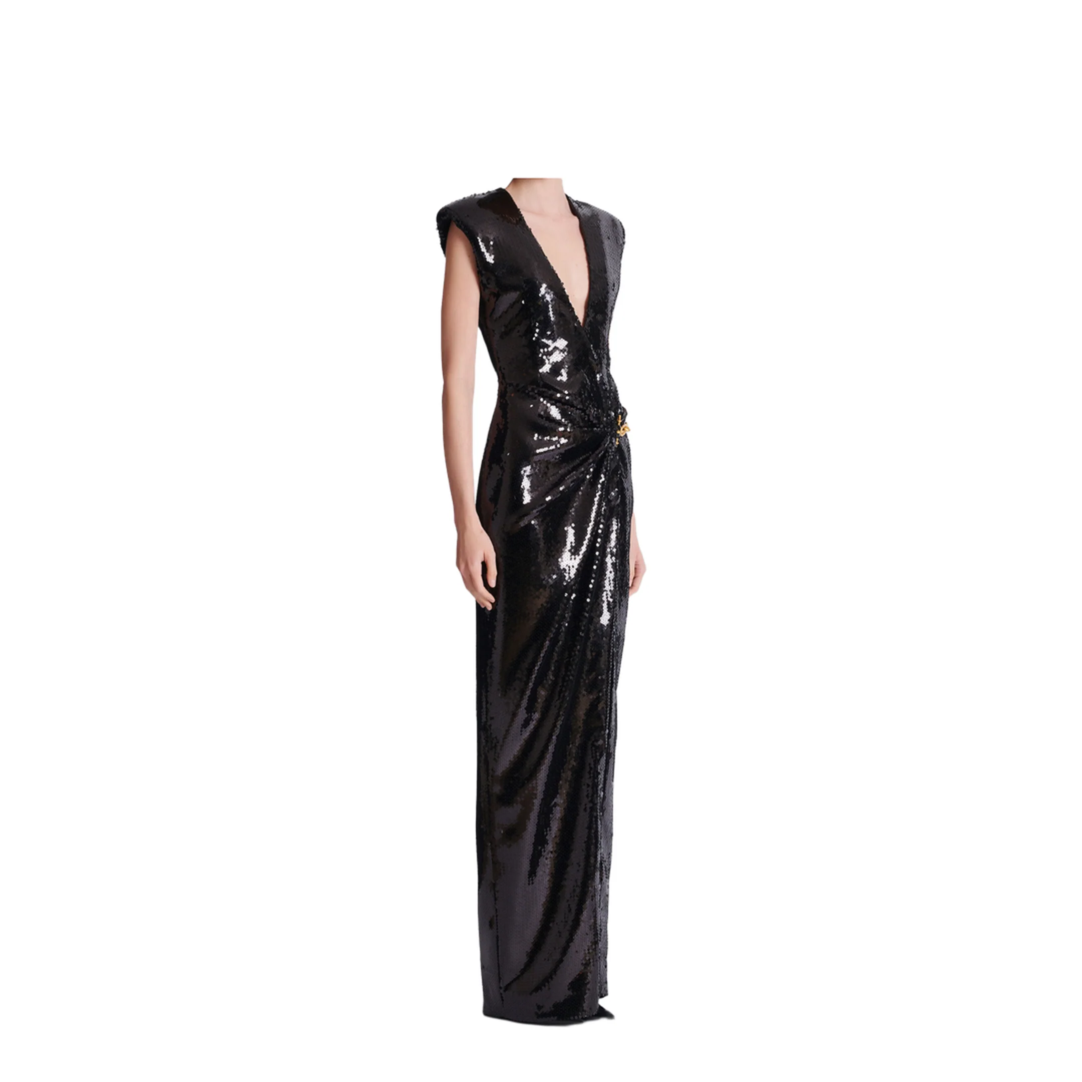 Long Draped Sequin Dress with Embellished Detail - Image 4