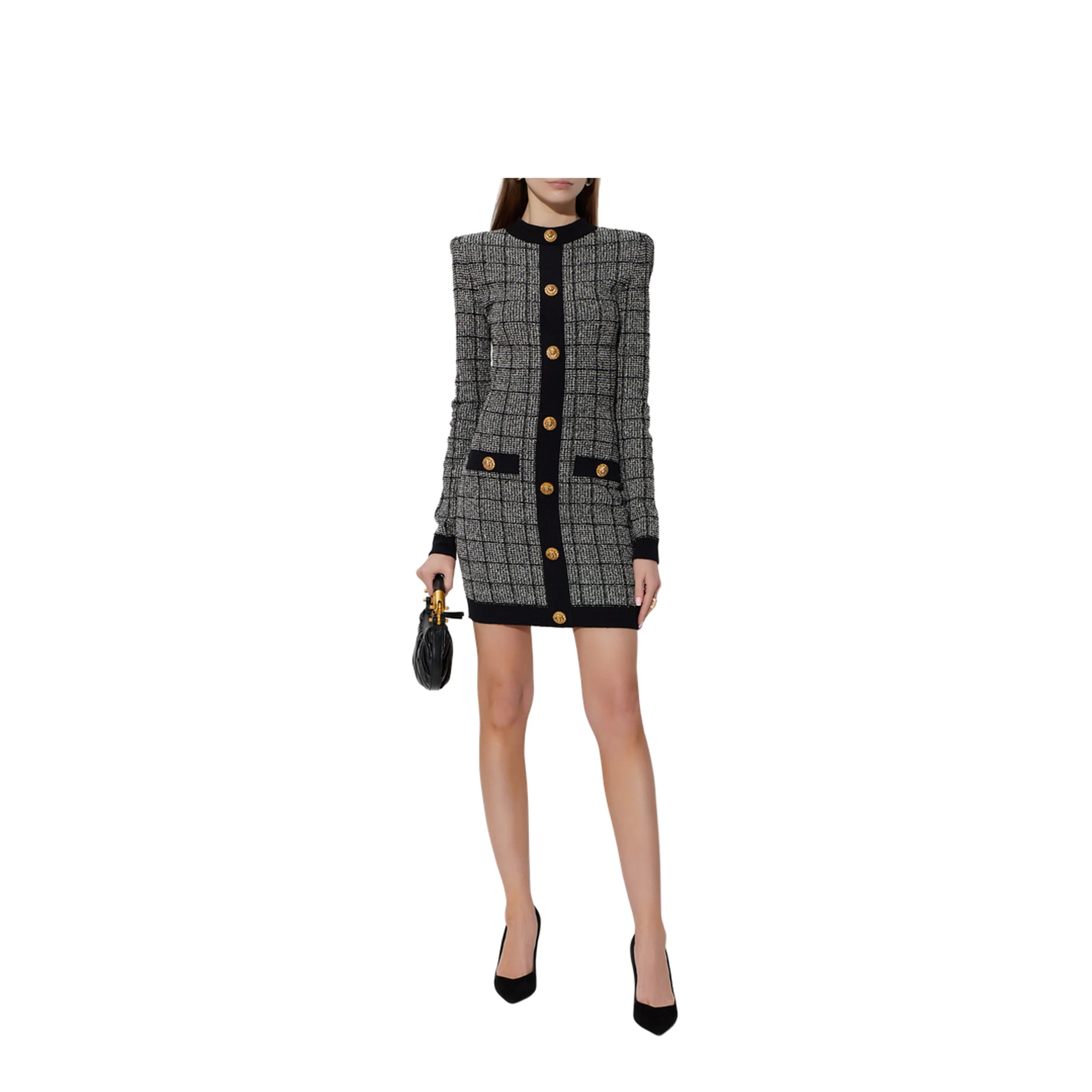 Checked Pattern Tweed Dress Black - Image 2