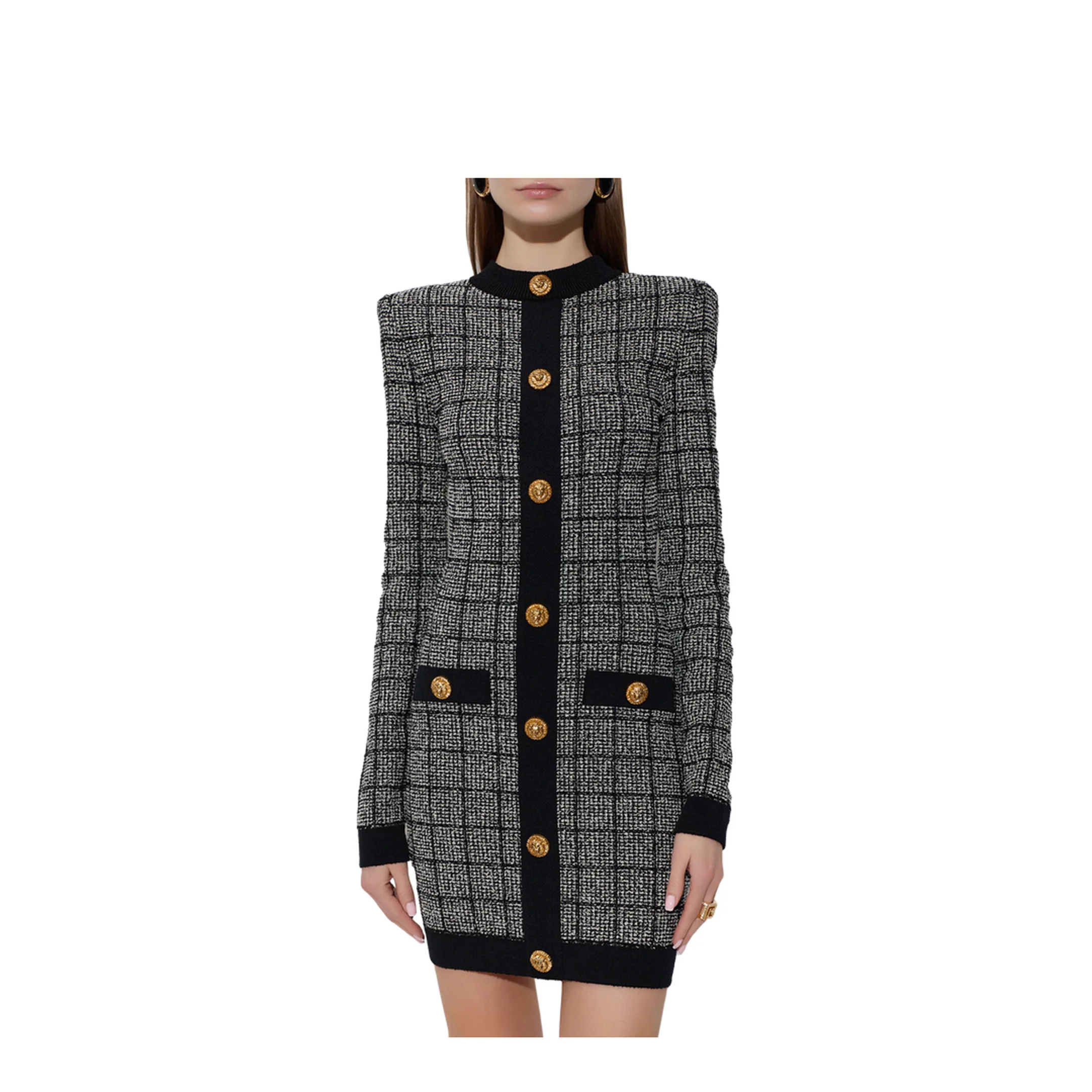 Checked Pattern Tweed Dress Black - Image 3