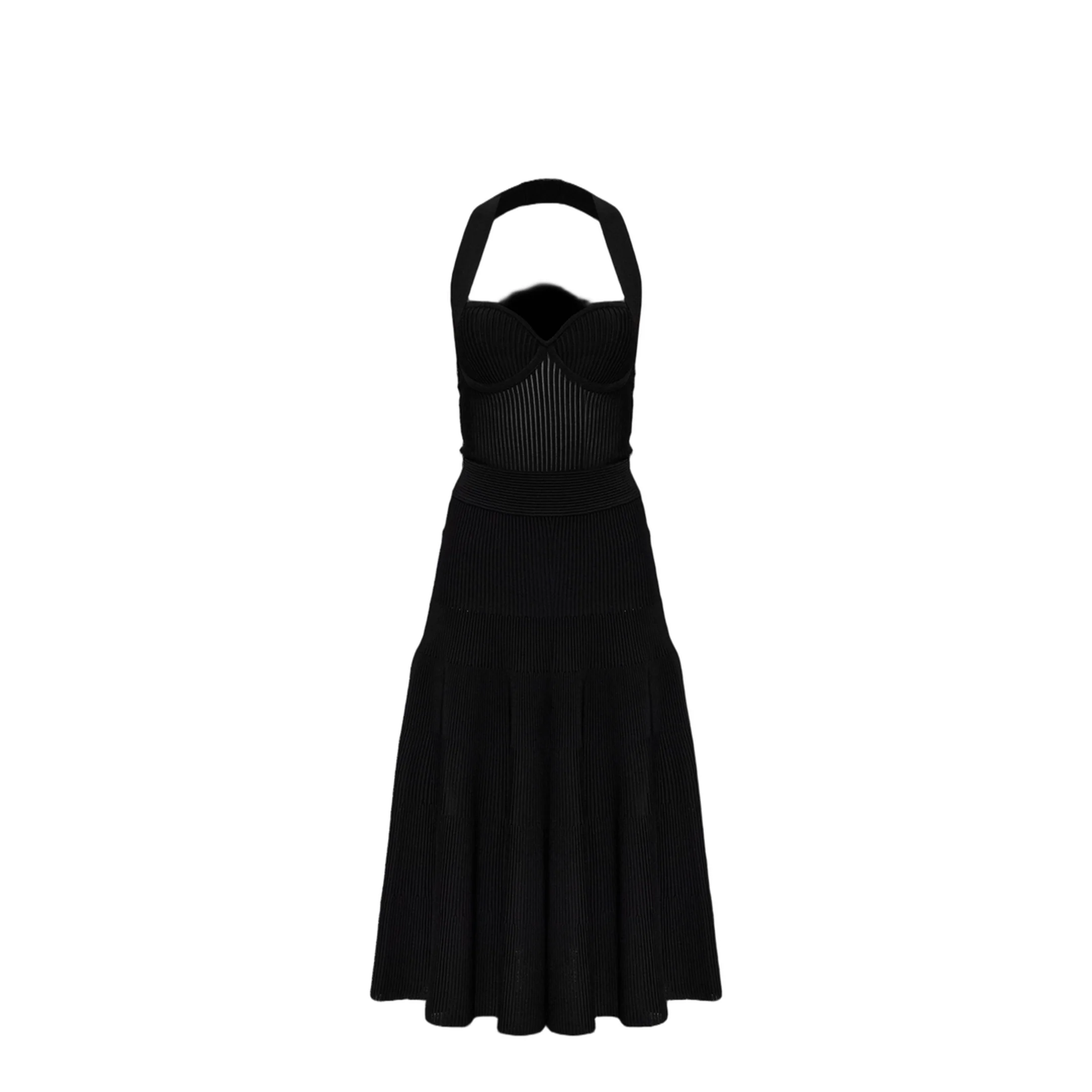 Halterneck Pleated Knit Midi Dress Black - Image 3