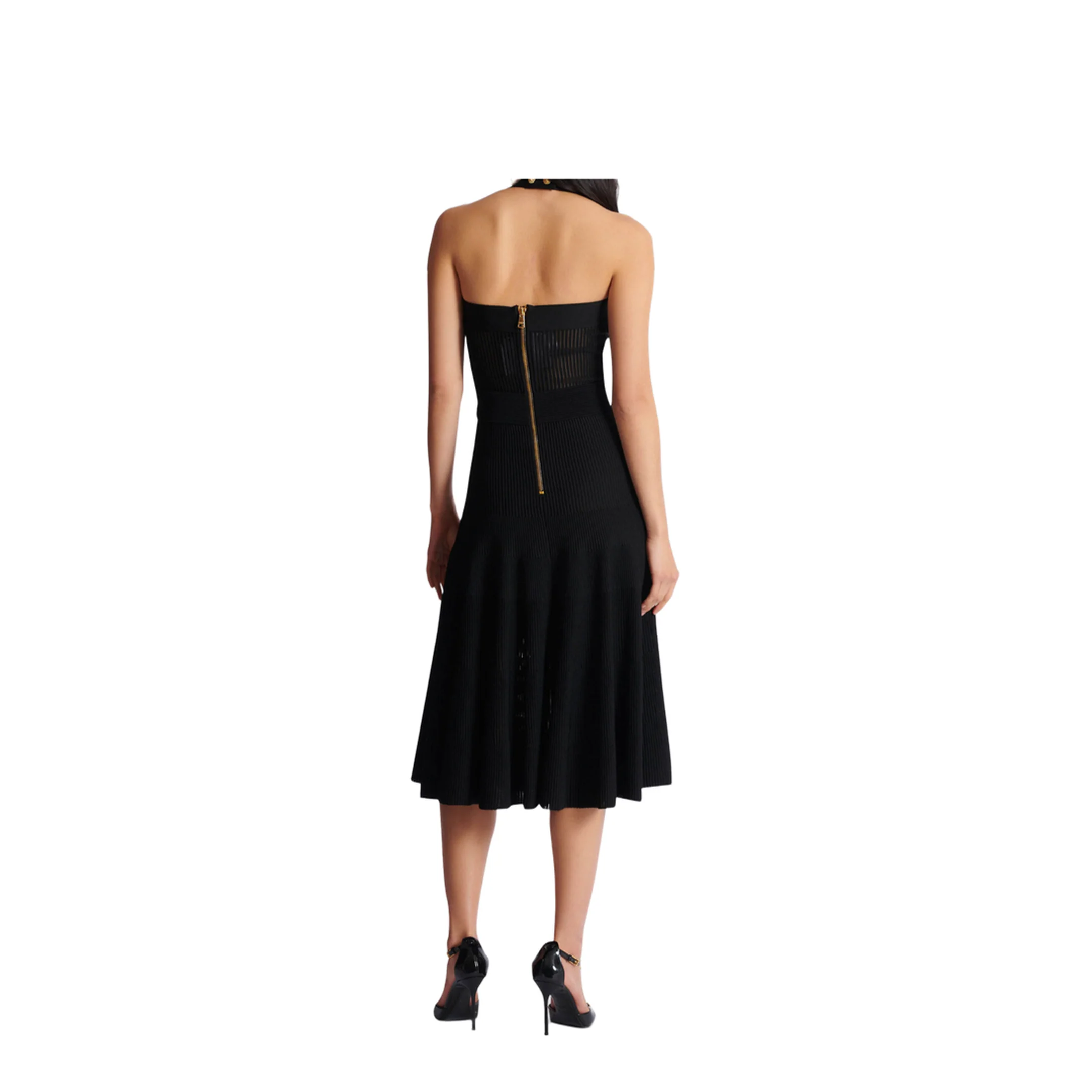 Halterneck Pleated Knit Midi Dress Black - Image 4