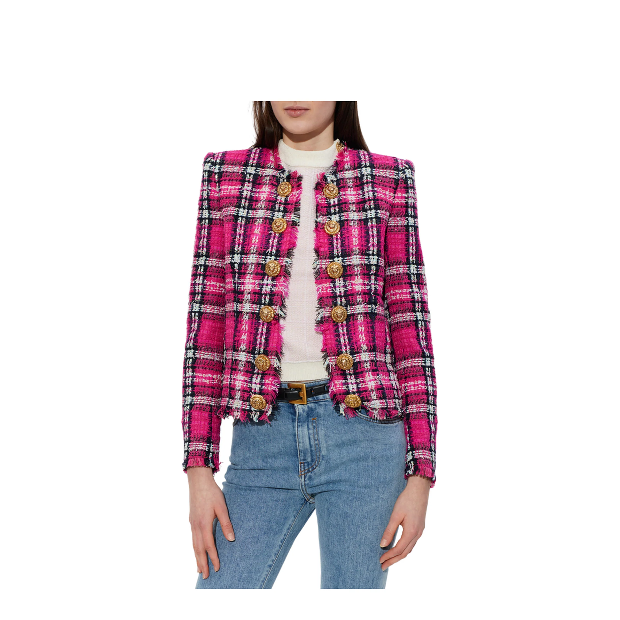 Glitter Plaid Tweed Cropped Jacket - Image 3