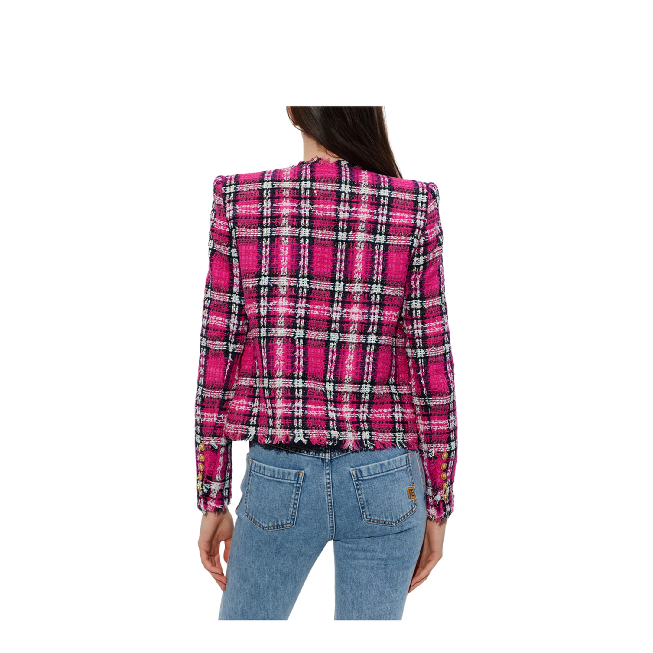 Glitter Plaid Tweed Cropped Jacket - Image 4