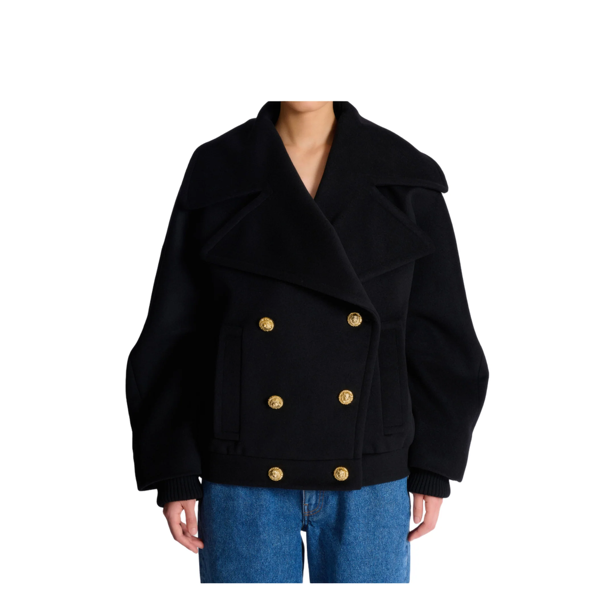 Wool 4 Buttons Pea Coat Black - Image 3
