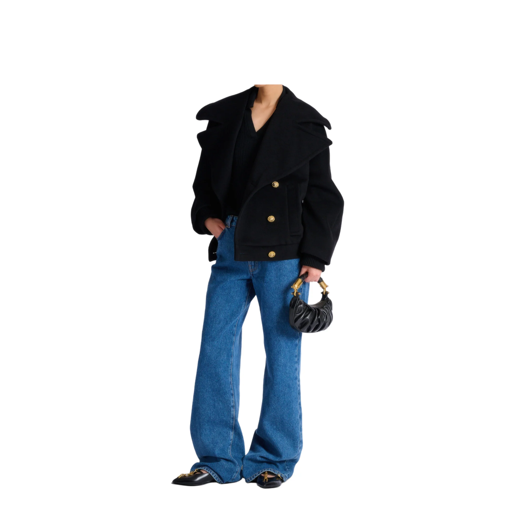 Wool 4 Buttons Pea Coat Black - Image 4