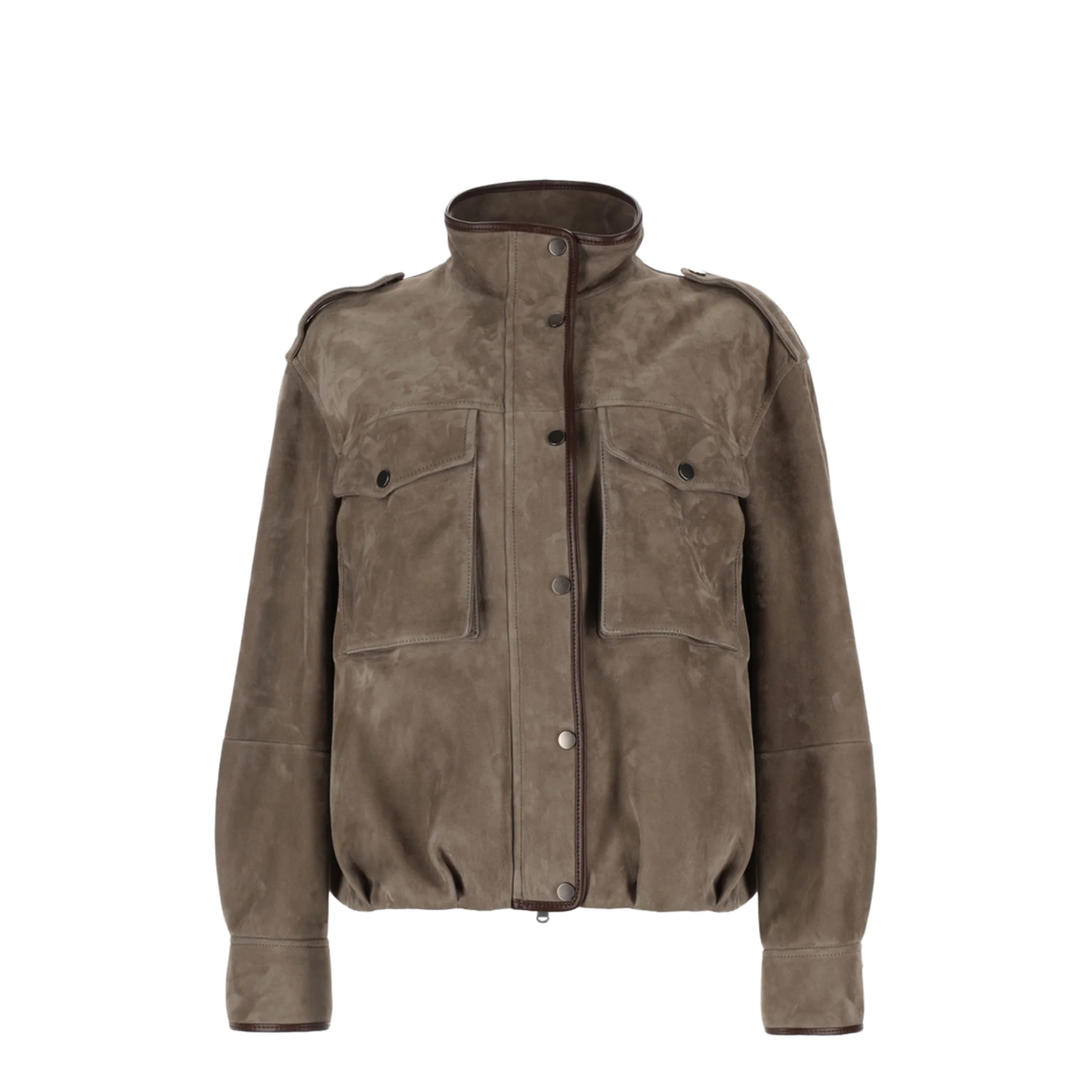 Faded Green Jacket With High Neck And Front Patch Pockets In Suede