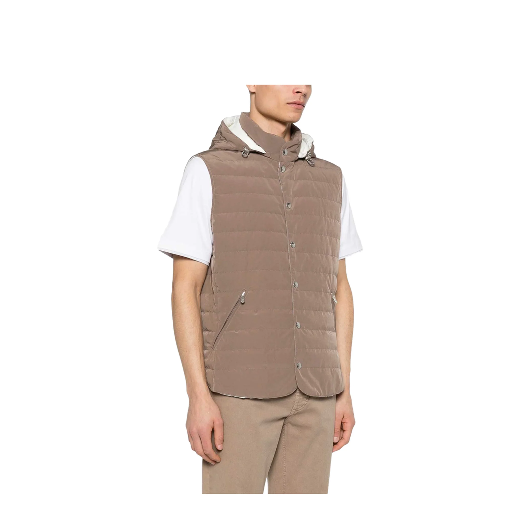 Hooded Quilted Vest - Brown - Image 3