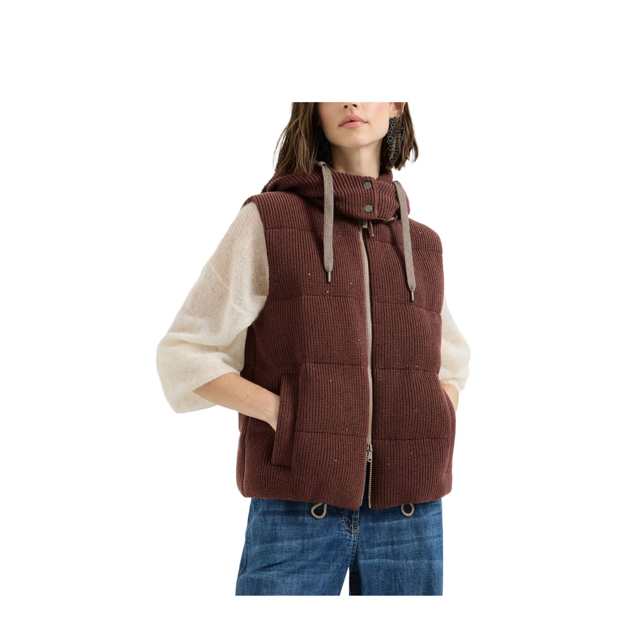 Hooded Ribbed Knitted Down Vest - Image 2