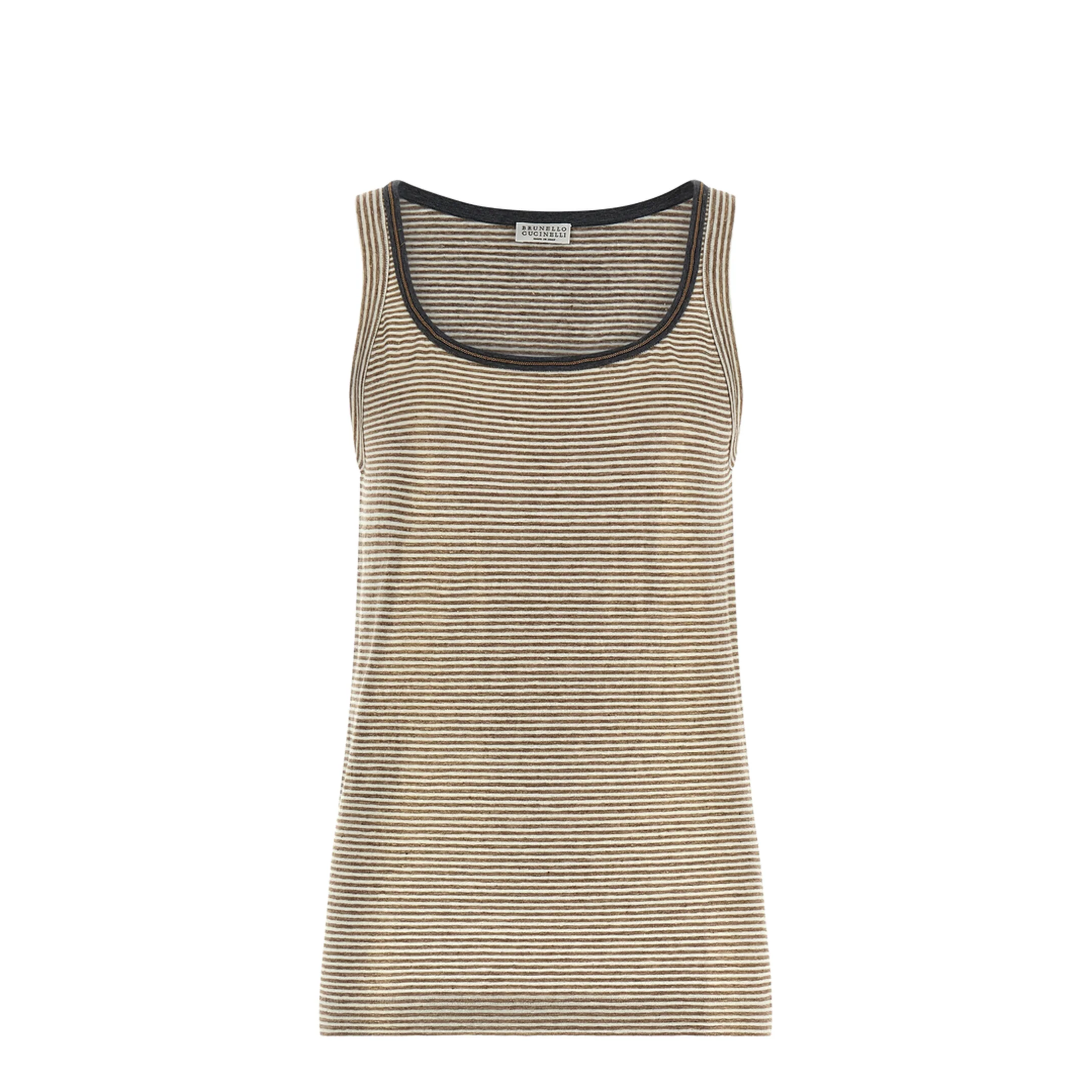 Linen Striped Crew Neck Top with Contrasting Trim and Necklace - Image 2