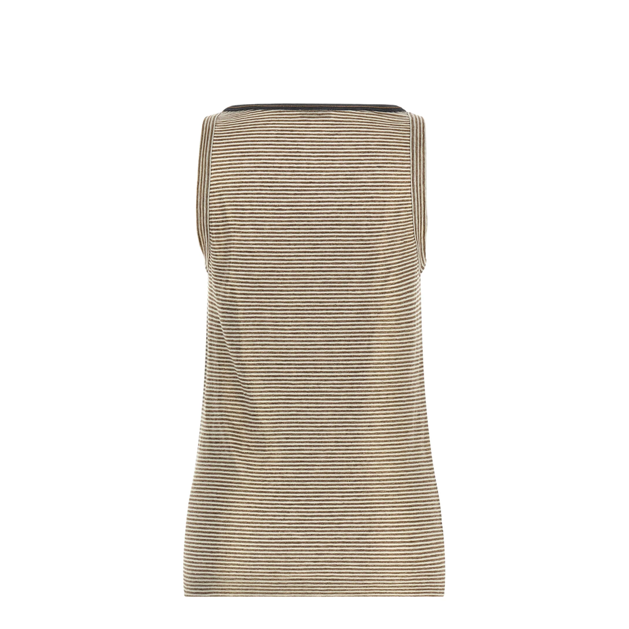 Linen Striped Crew Neck Top with Contrasting Trim and Necklace - Image 3