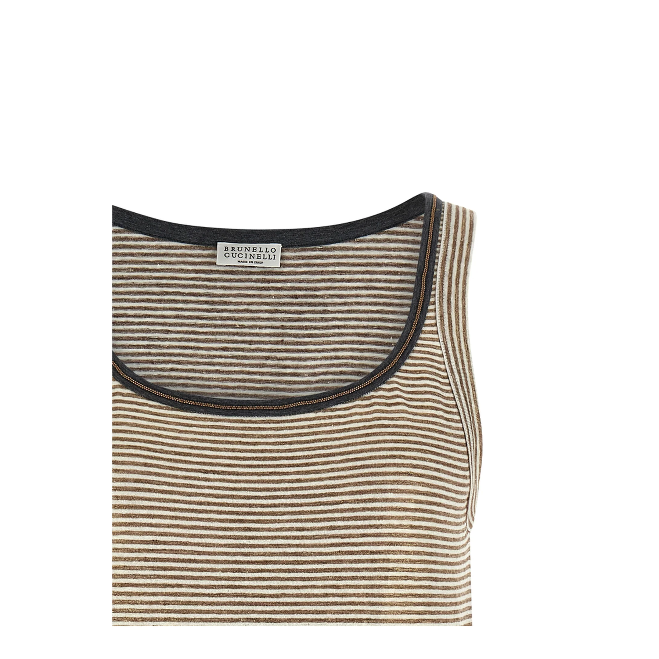 Linen Striped Crew Neck Top with Contrasting Trim and Necklace - Image 4