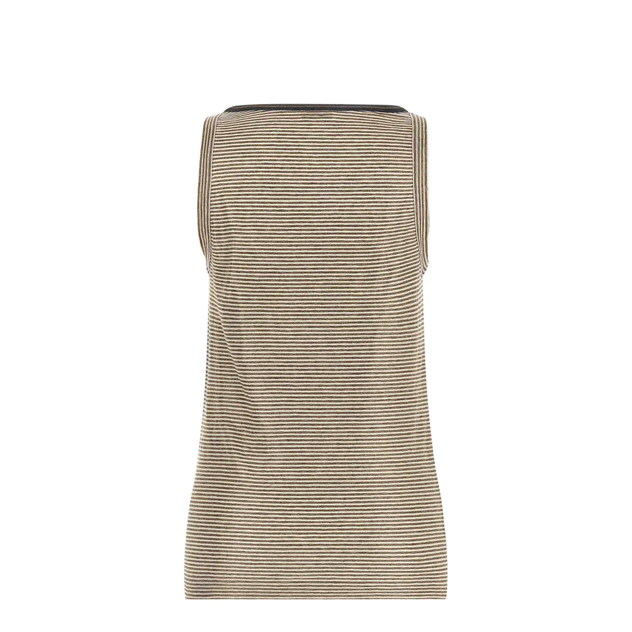 Linen Striped Crew Neck Top with Contrasting Trim and Necklace - Image 5