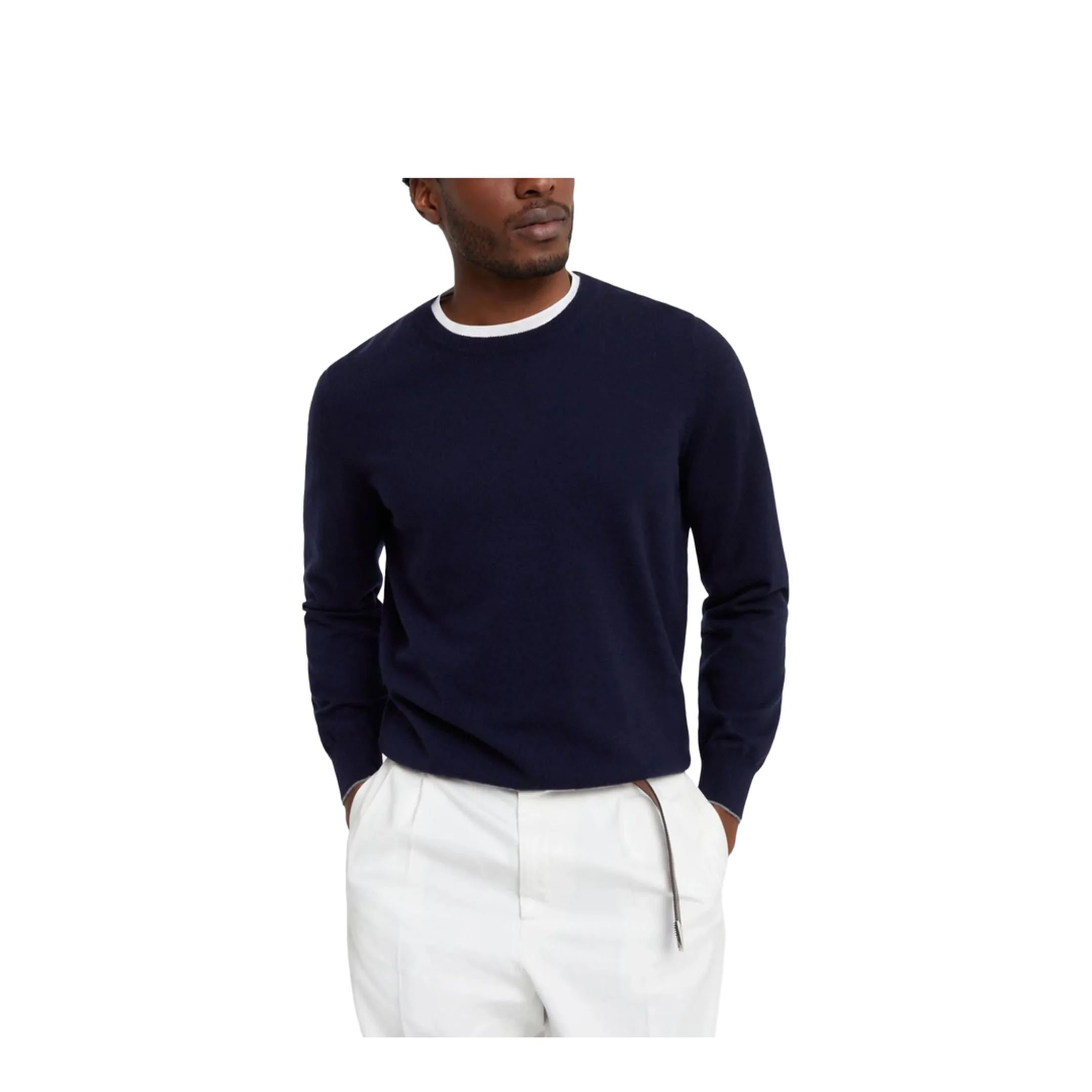 Ribbed Edges Detail Cashmere Crew Neck - Image 3