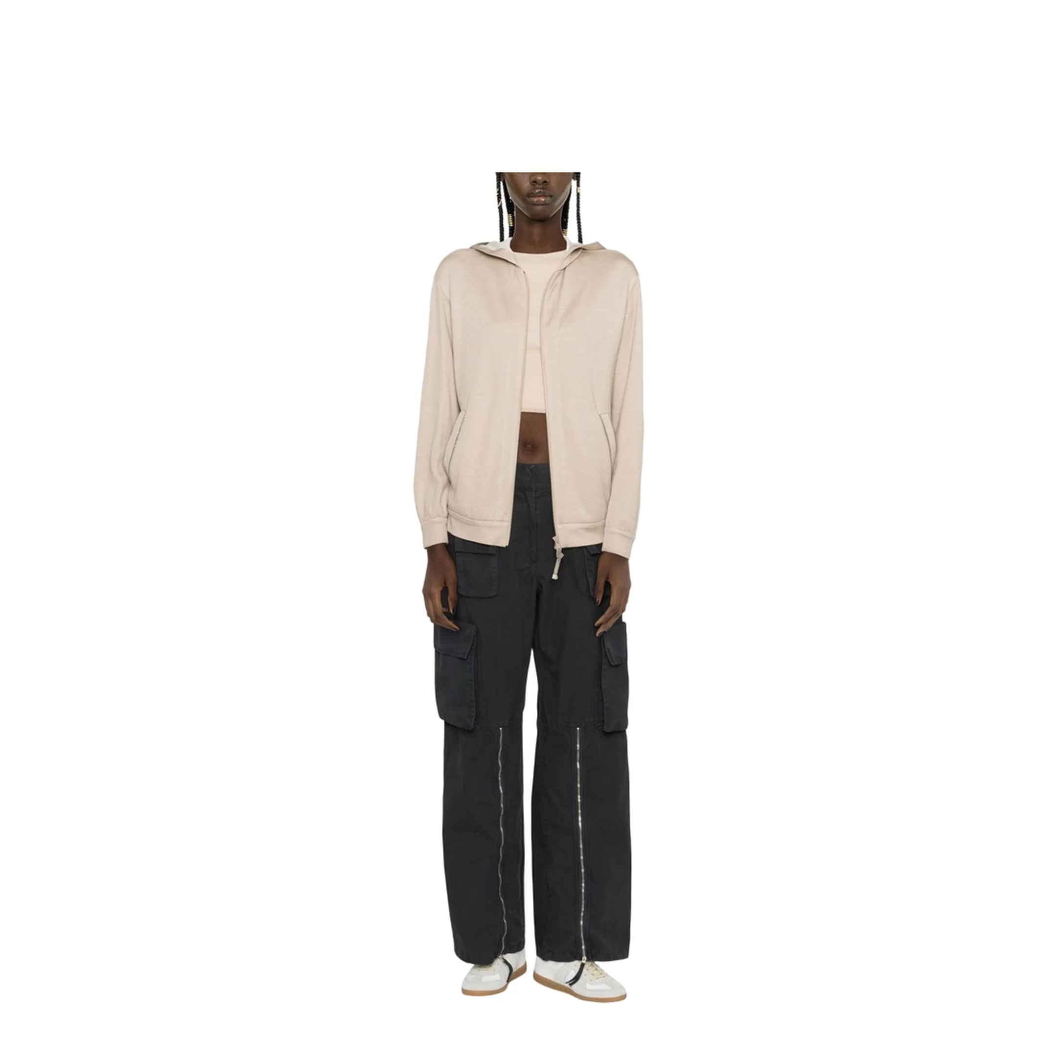 Two-Pocket Zip-Up Hoodie Beige - Image 4