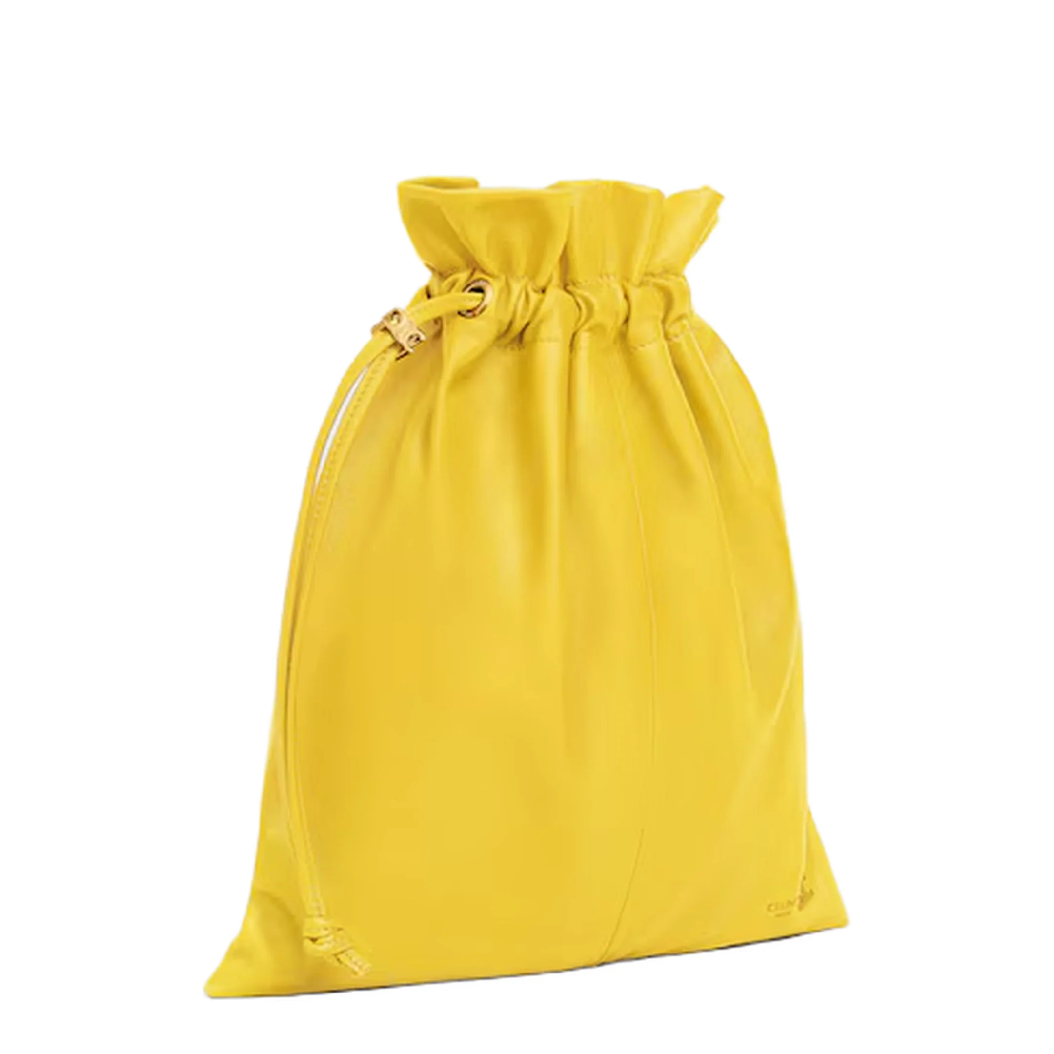Drawstring Pouch Small Leather Bucket Bag - Yellow - Image 2