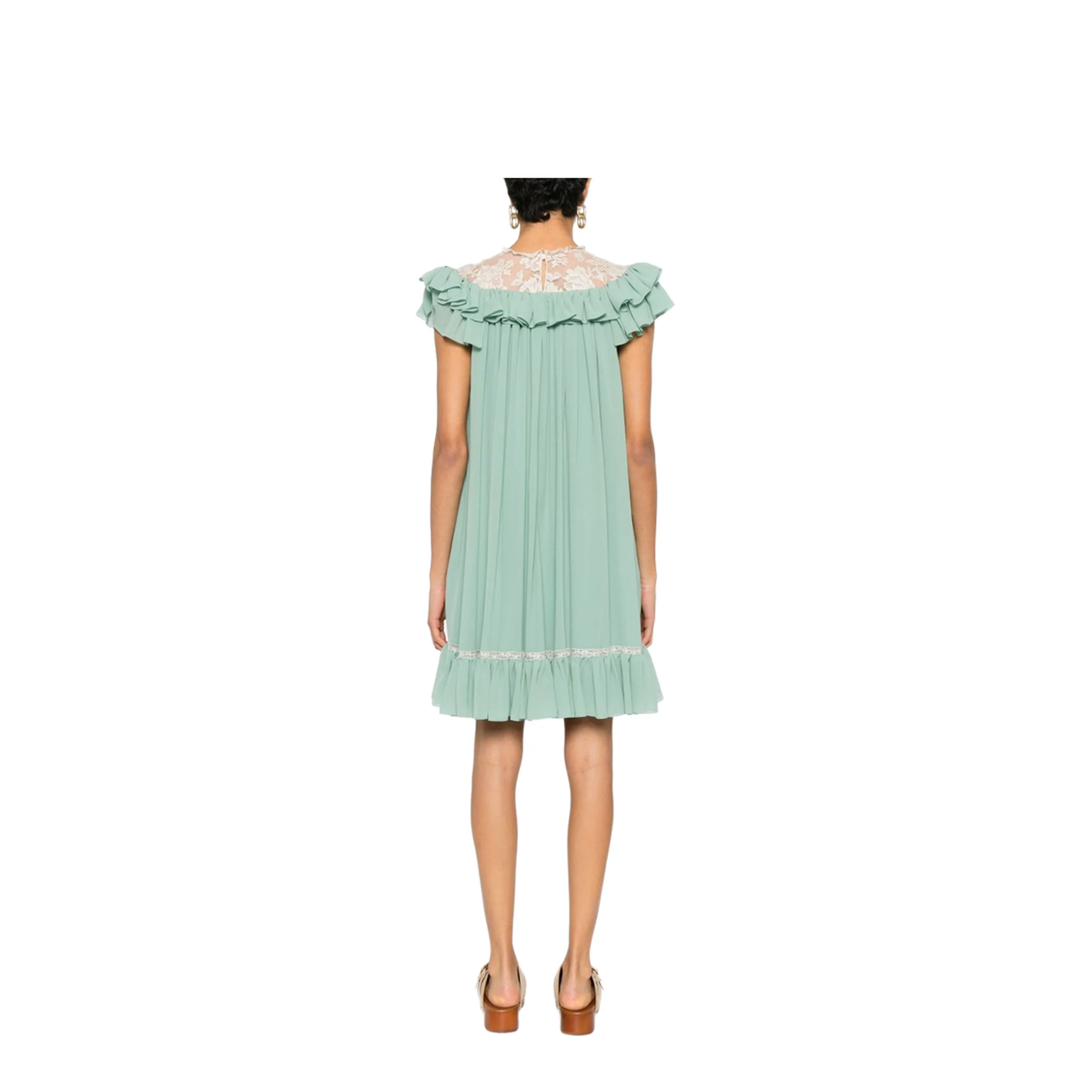 Short-sleeve mini dress in silk georgette & lace - Image 4