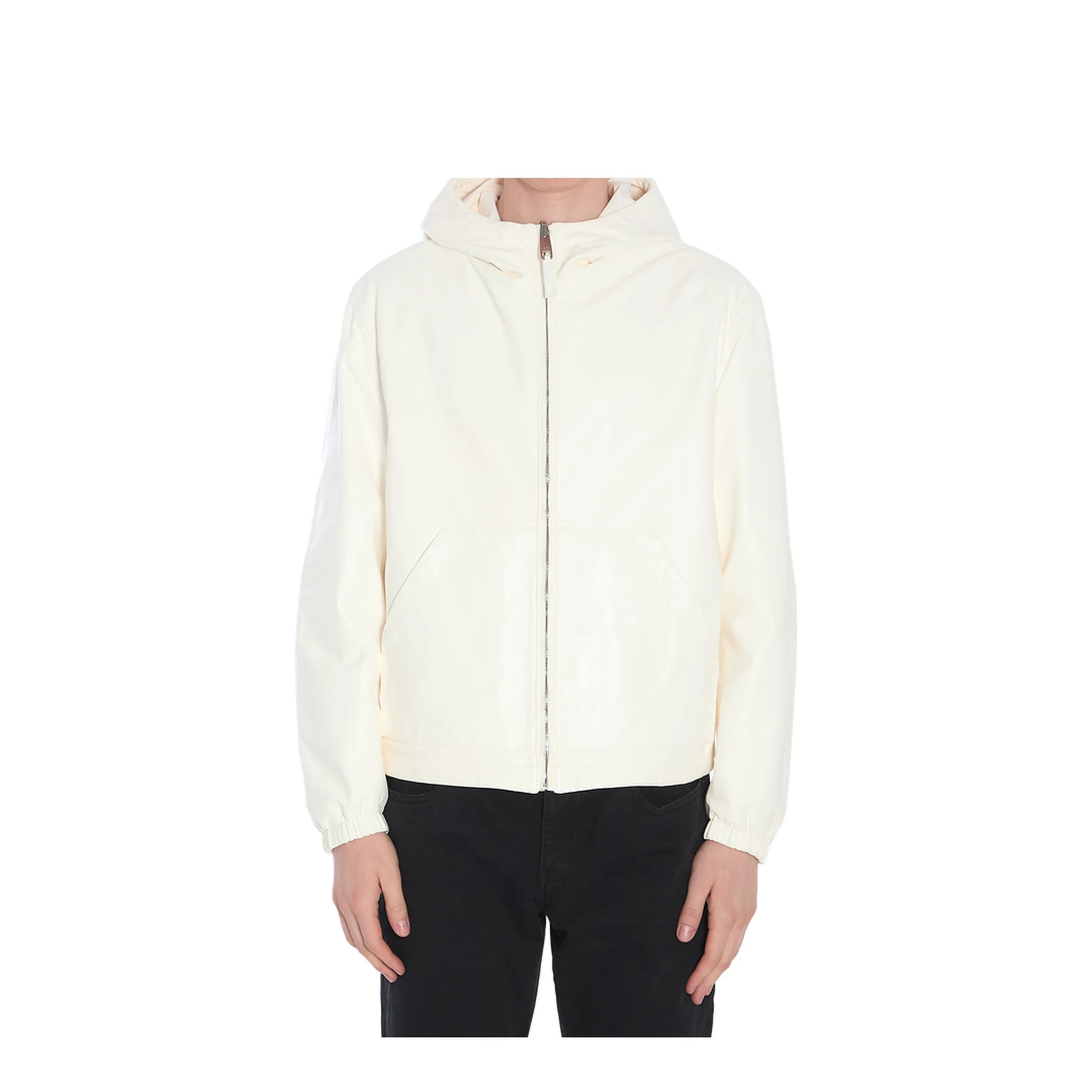 Leather and fabric jacket with reversible hood