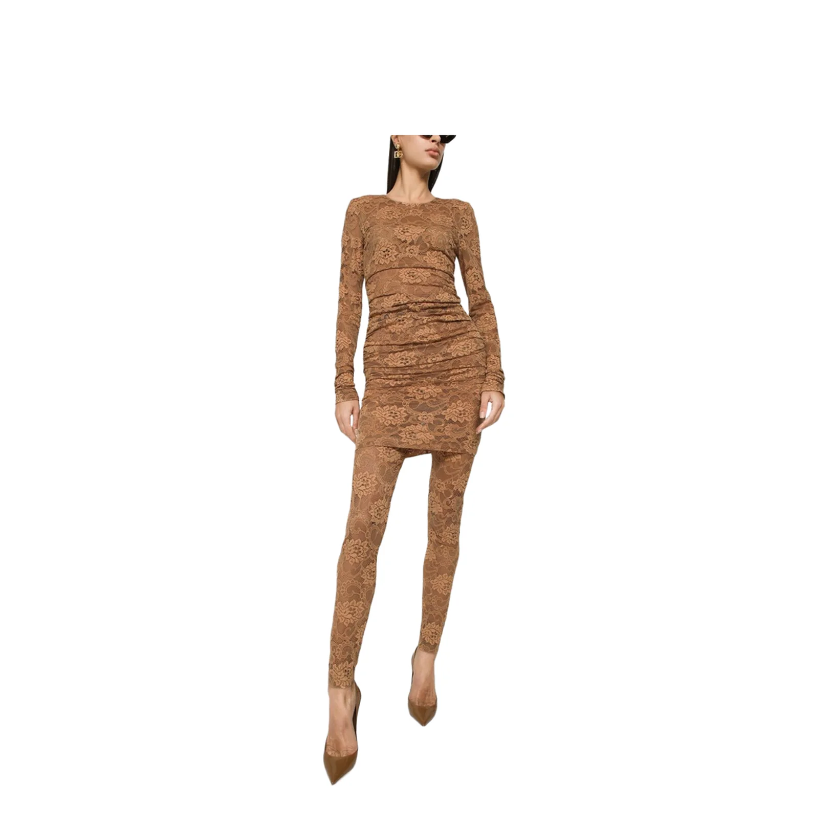 Short Floral Lace Dress in Beige - Image 3