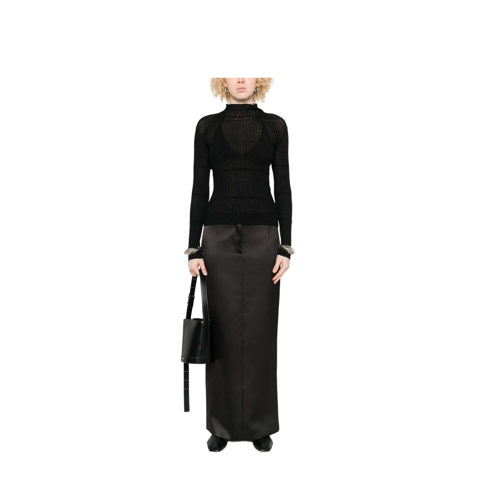 Ribbed Knit High Neck Long Sleeve Sweater Black - Image 4