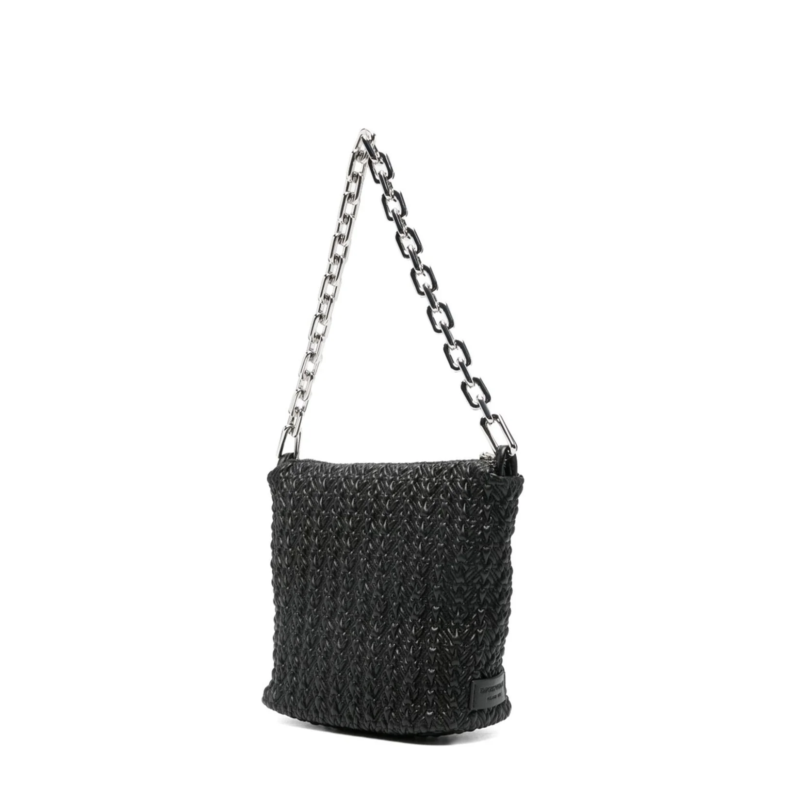 Embossed Small Leather Hobo Bag - Black - Image 4