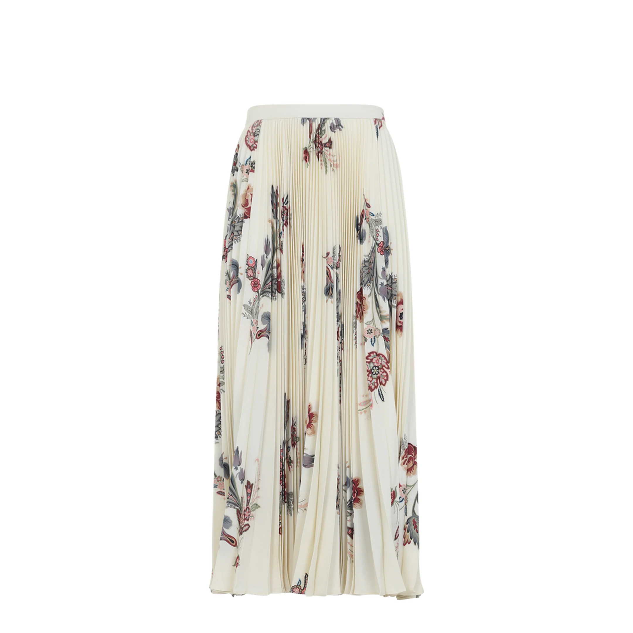 Beige Floral Print Sablé Pleated Midi Skirt - Image 3