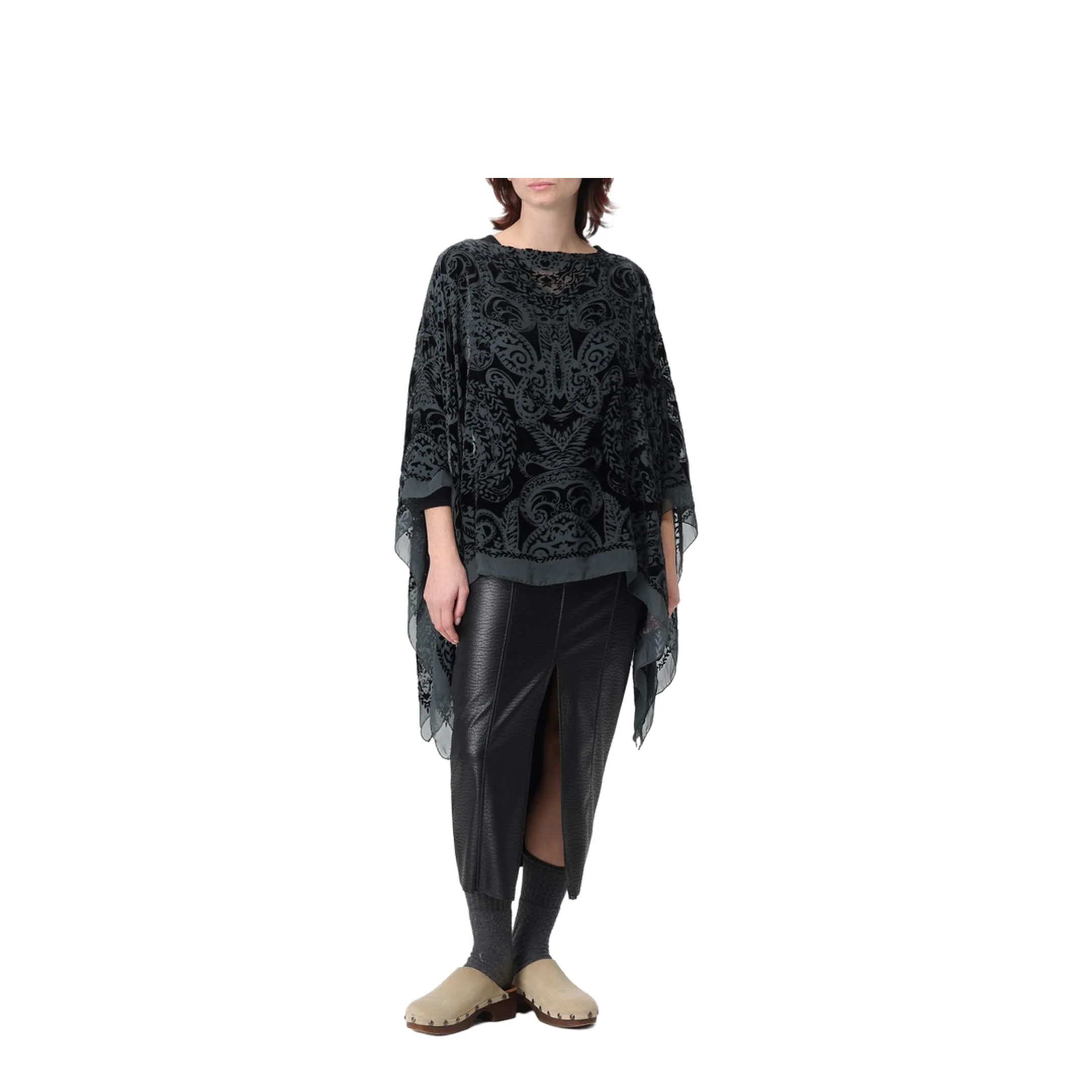 Women's Patterned Silk Poncho Top Grey - Image 2
