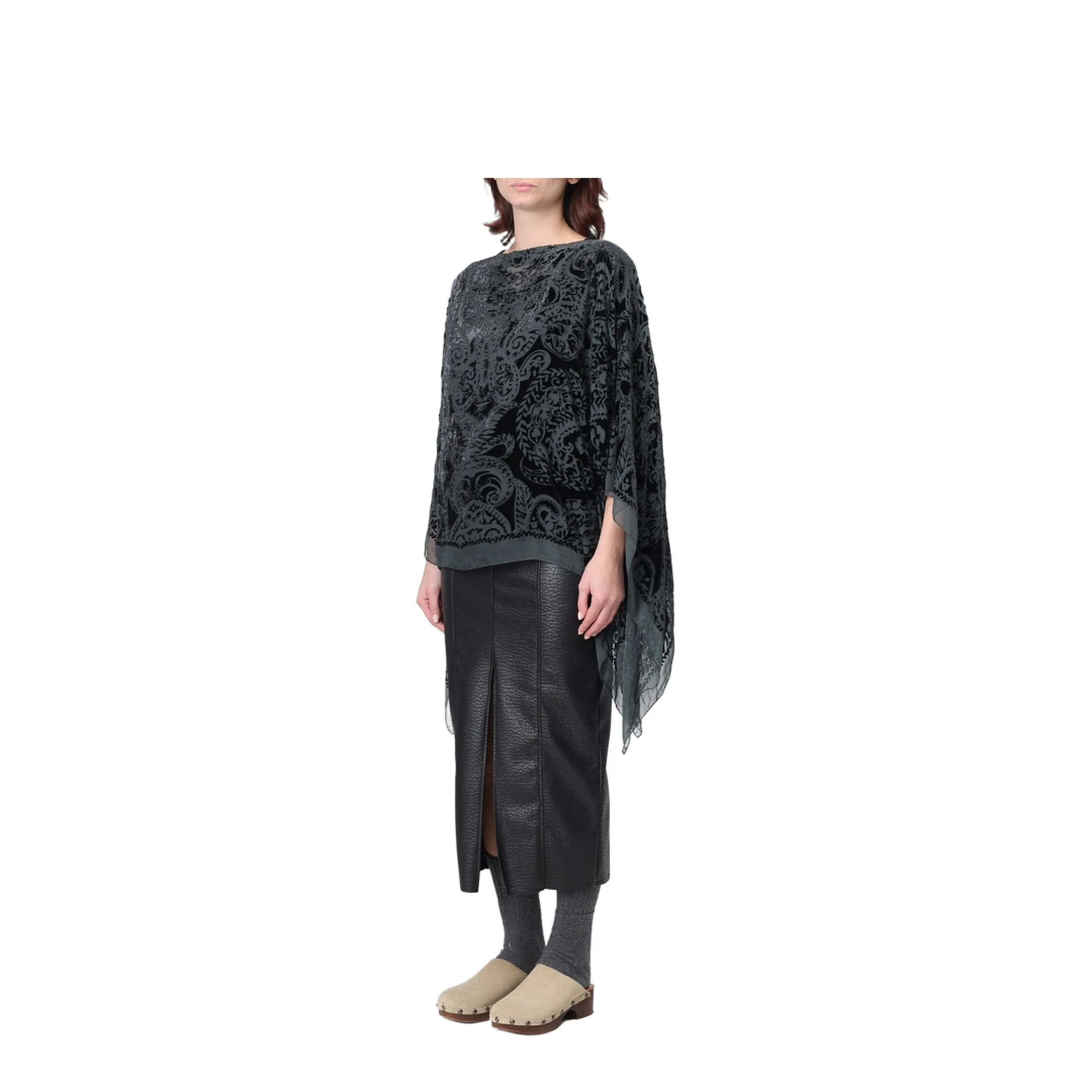 Women's Patterned Silk Poncho Top Grey - Image 4