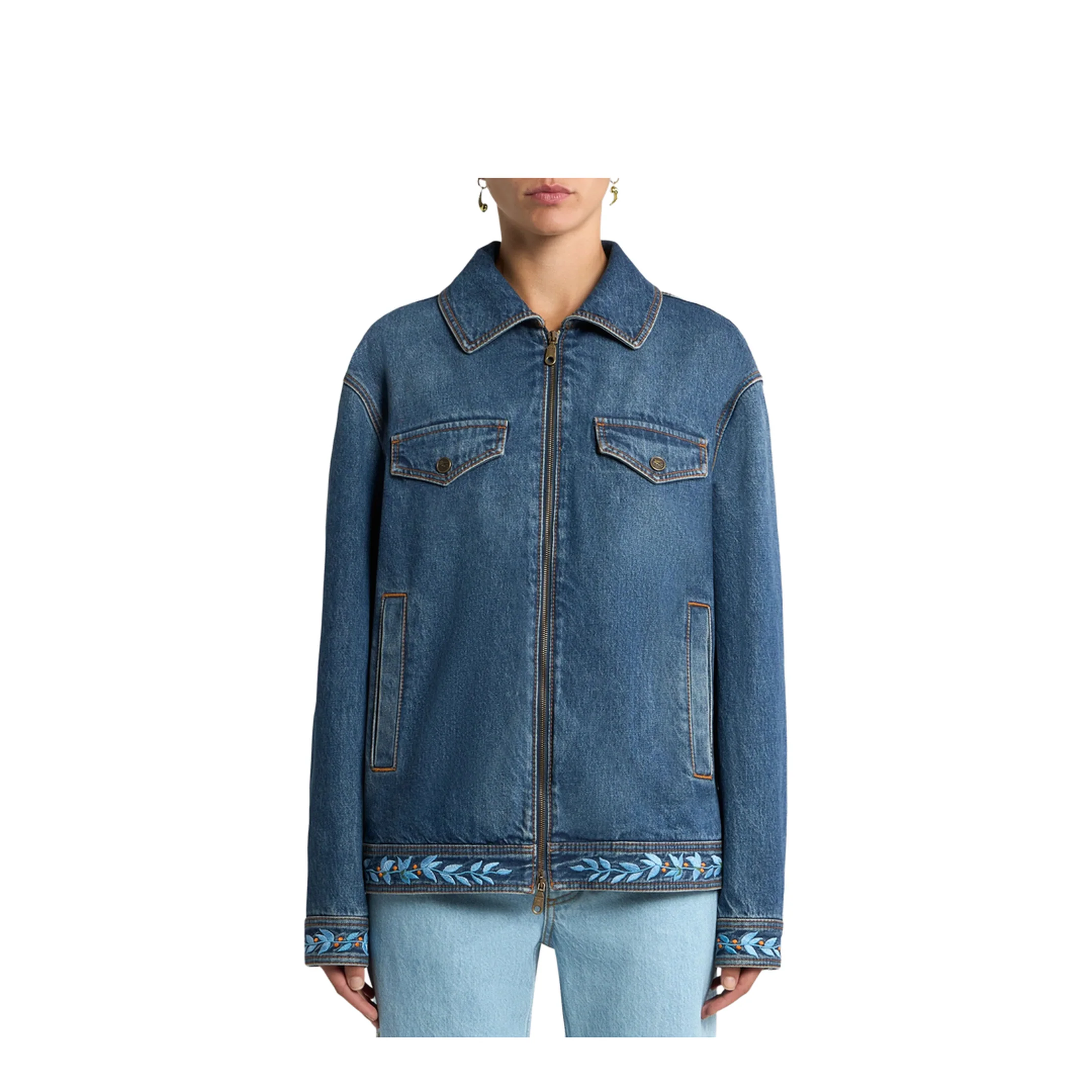 Embroidered Zipped Denim Jacket - Blue - Image 2