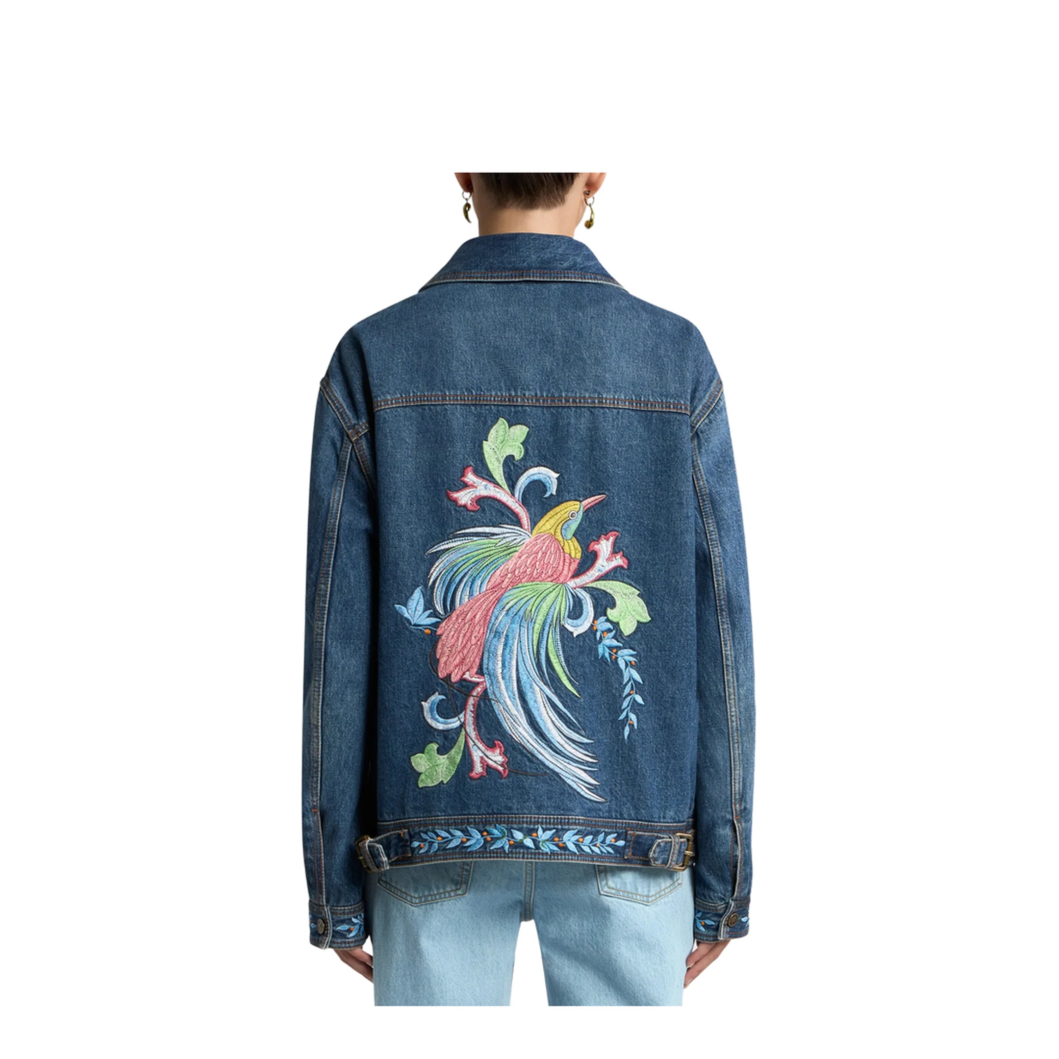 Embroidered Zipped Denim Jacket - Blue - Image 3