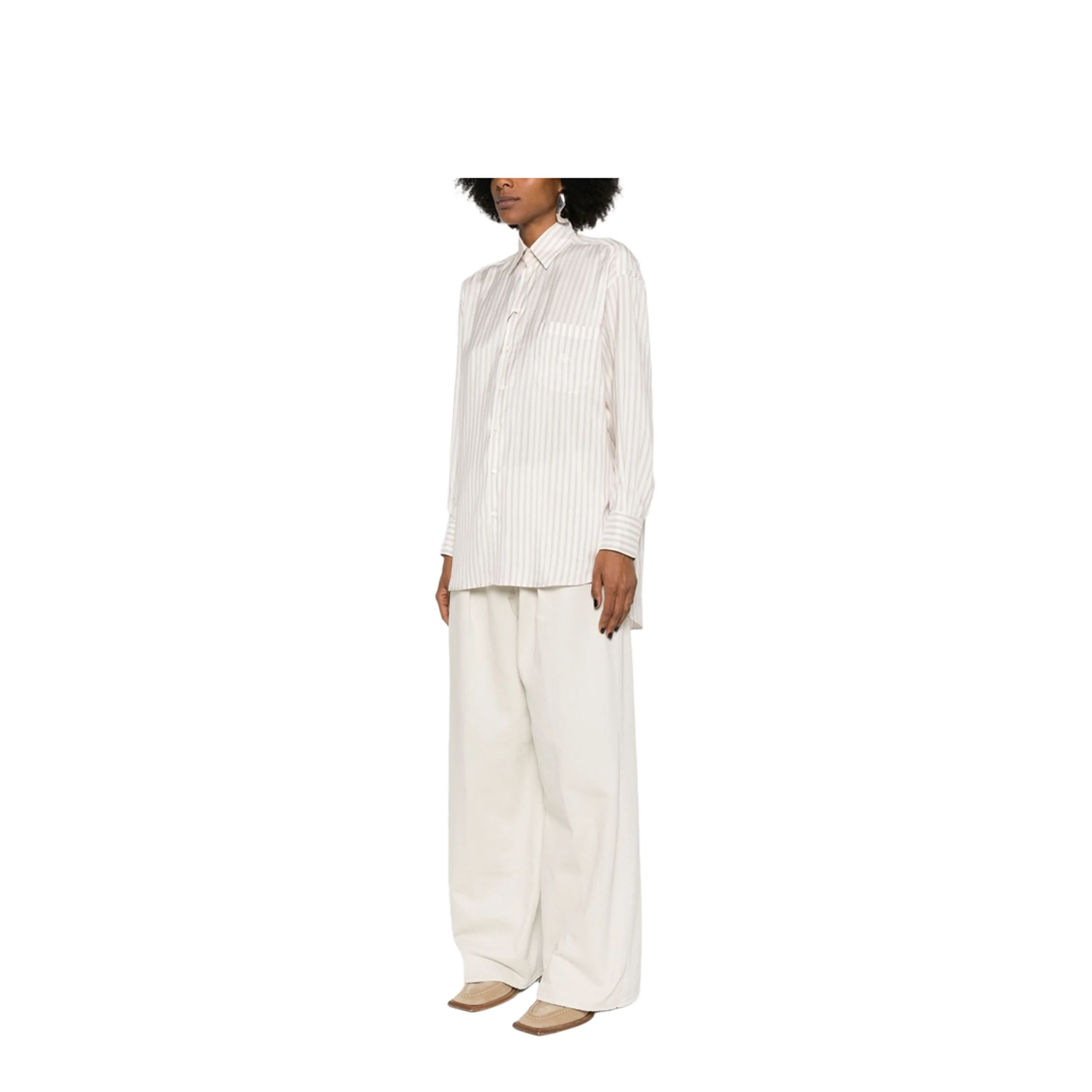 Oversized White Beige Striped Silk Shirt - Image 5