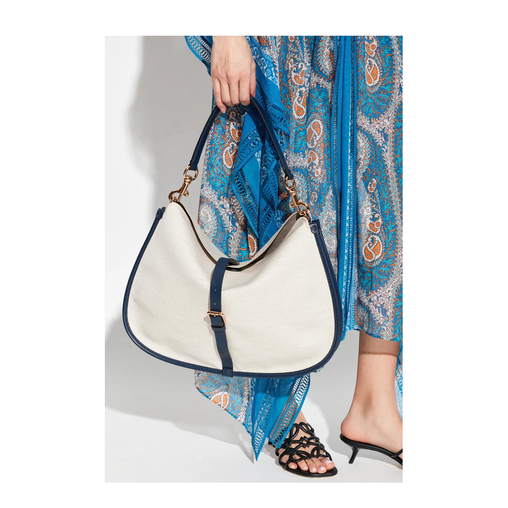 Pony Buckle Leather Shoulder Bag - Beige/Blue - Image 5