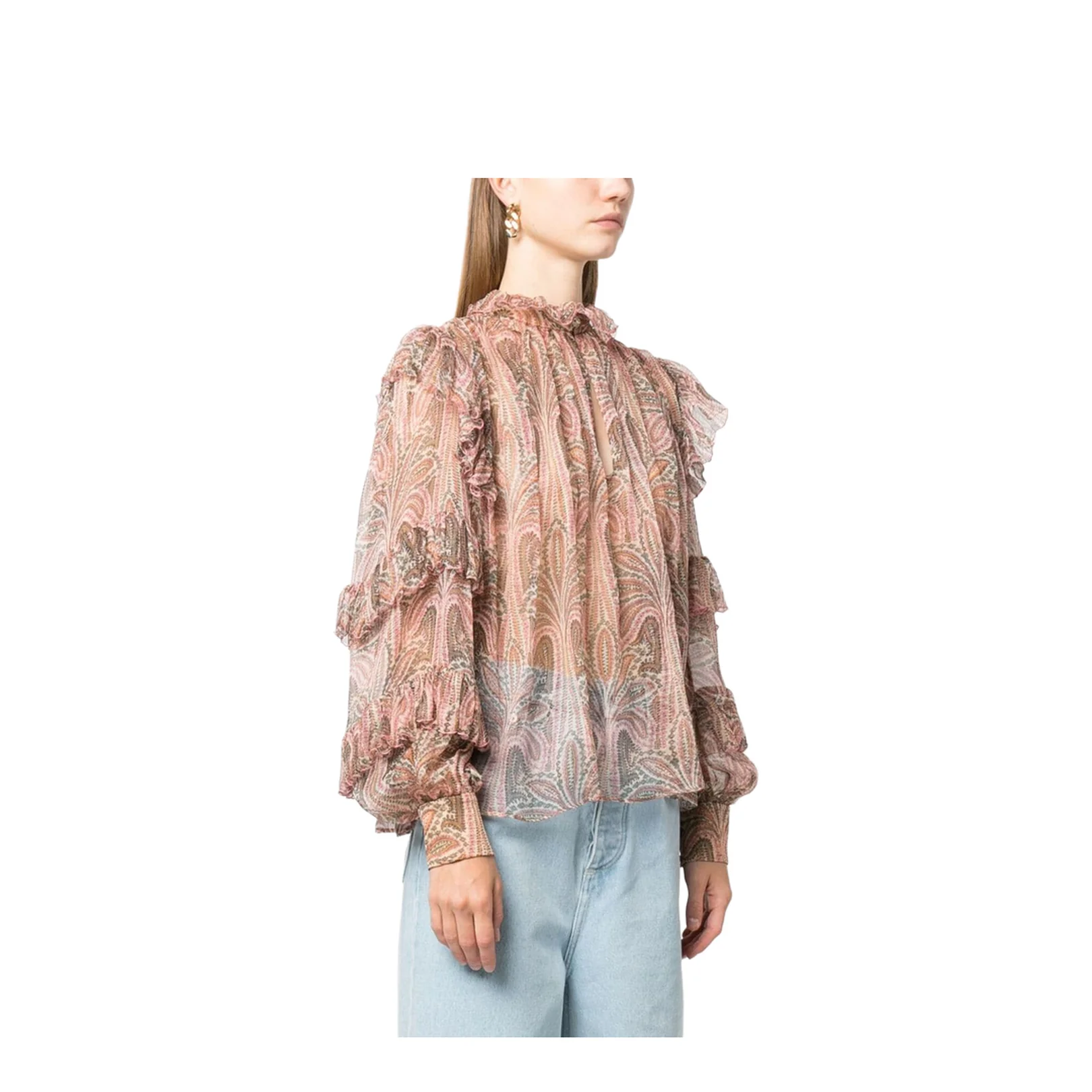 Silk Paisley Print Blouse With Ruffles In Pink - Image 2