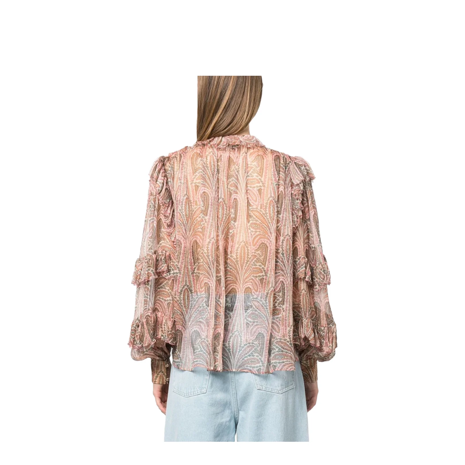 Silk Paisley Print Blouse With Ruffles In Pink - Image 3