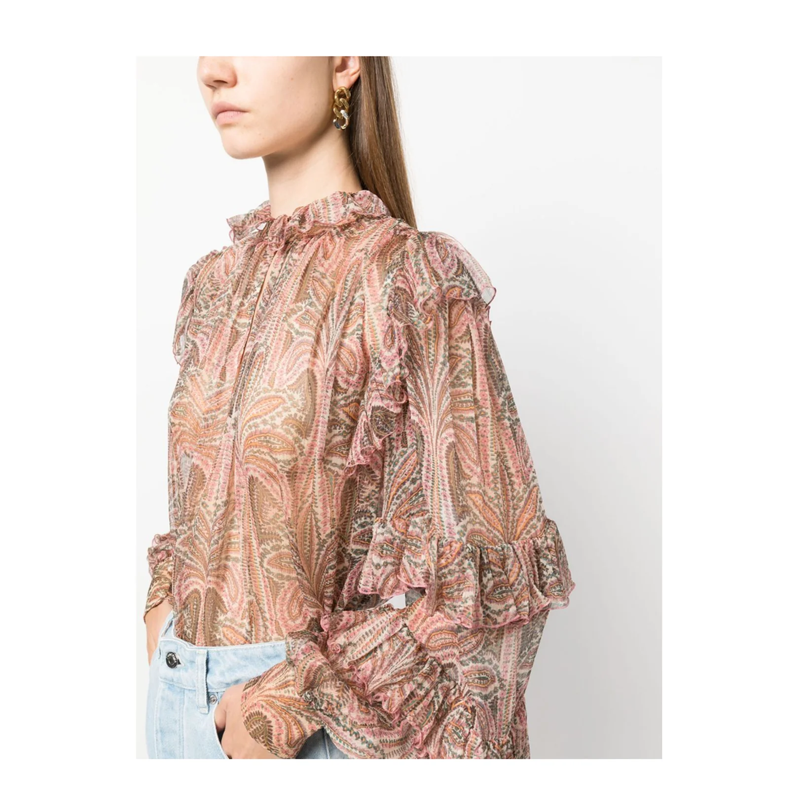 Silk Paisley Print Blouse With Ruffles In Pink - Image 5