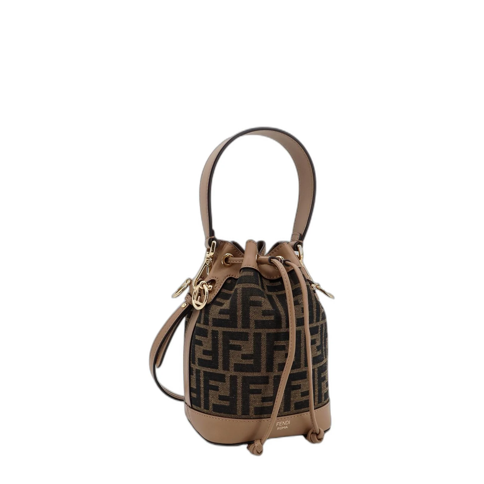 Brown Beige Canvas Leather Trim Drawstring Bag - Image 3