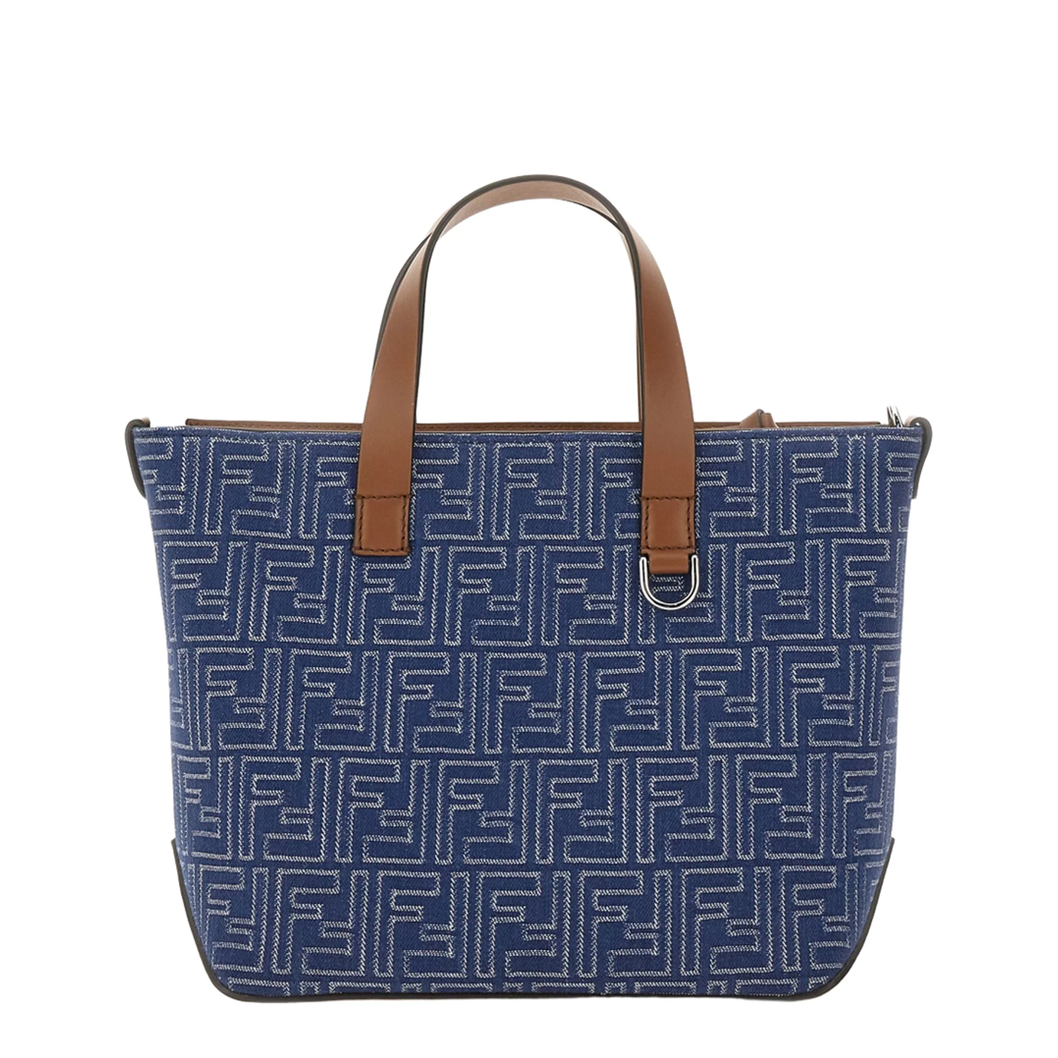 FF Leather Denim Effect FF Jacquard Blue And Brown Small Shopping Bag - Image 3