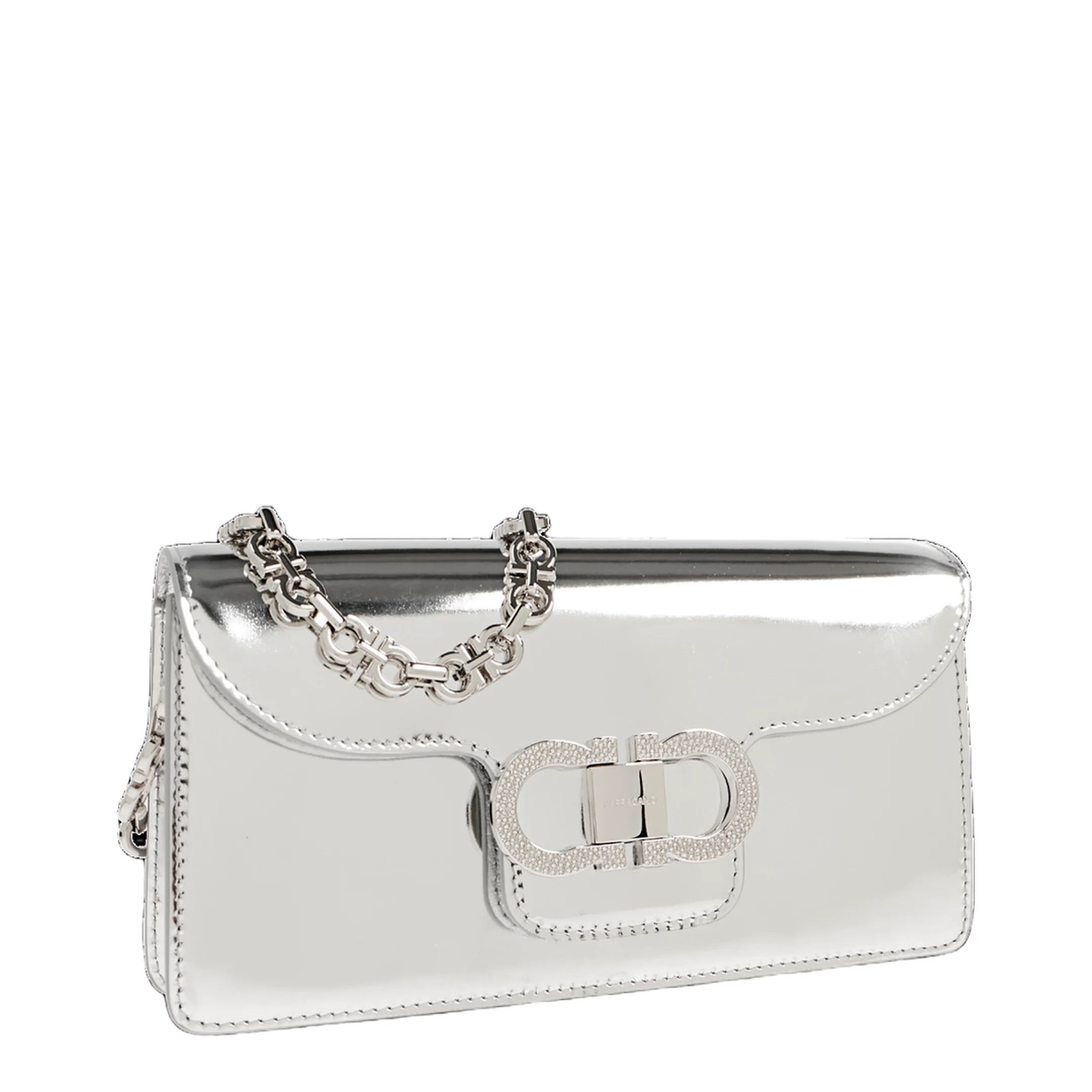 Double Gancini Mini Leather Clutch Bag - Silver - Image 3