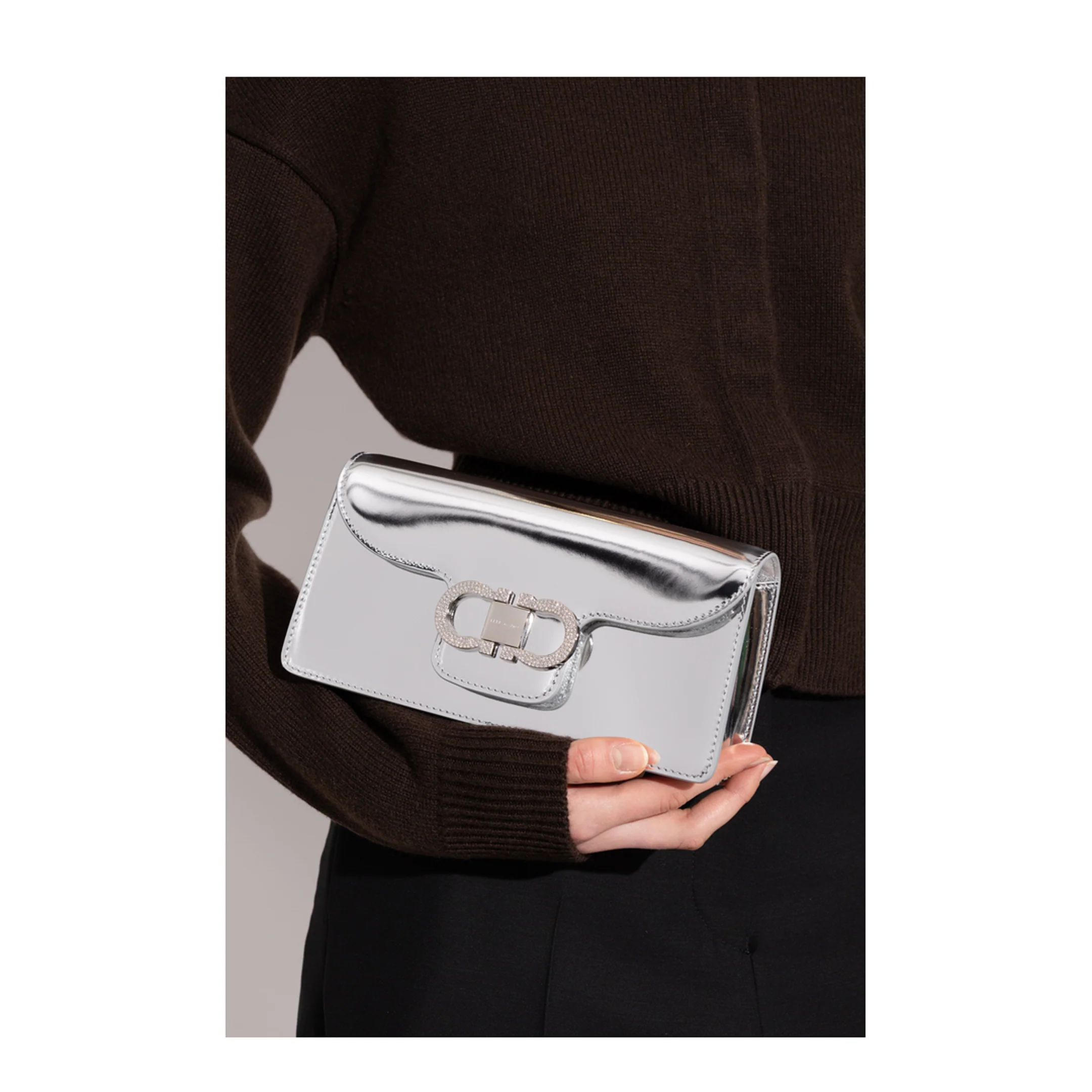 Double Gancini Mini Leather Clutch Bag - Silver - Image 5