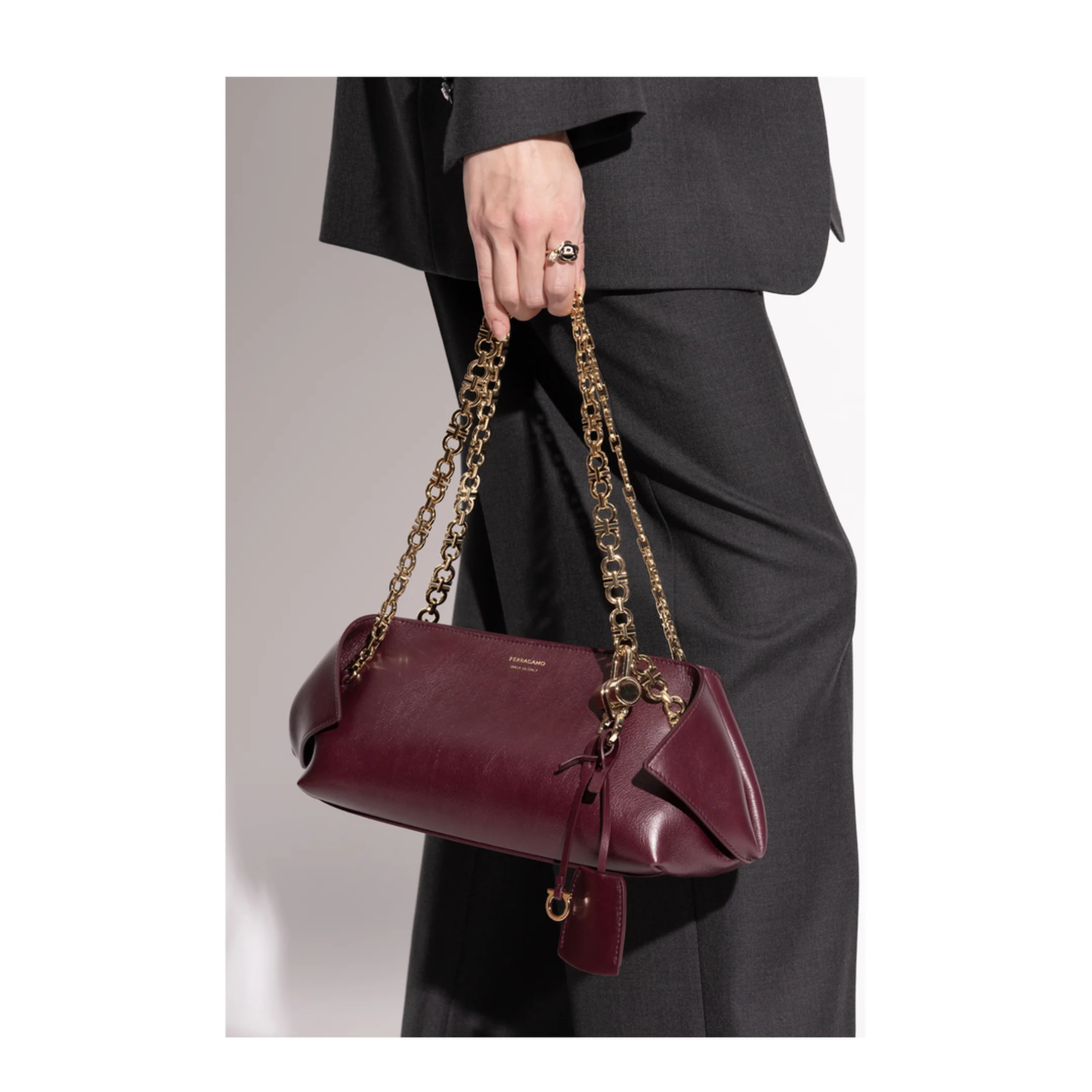 Folded Small Leather Shoulder Bag - Plum - Image 5