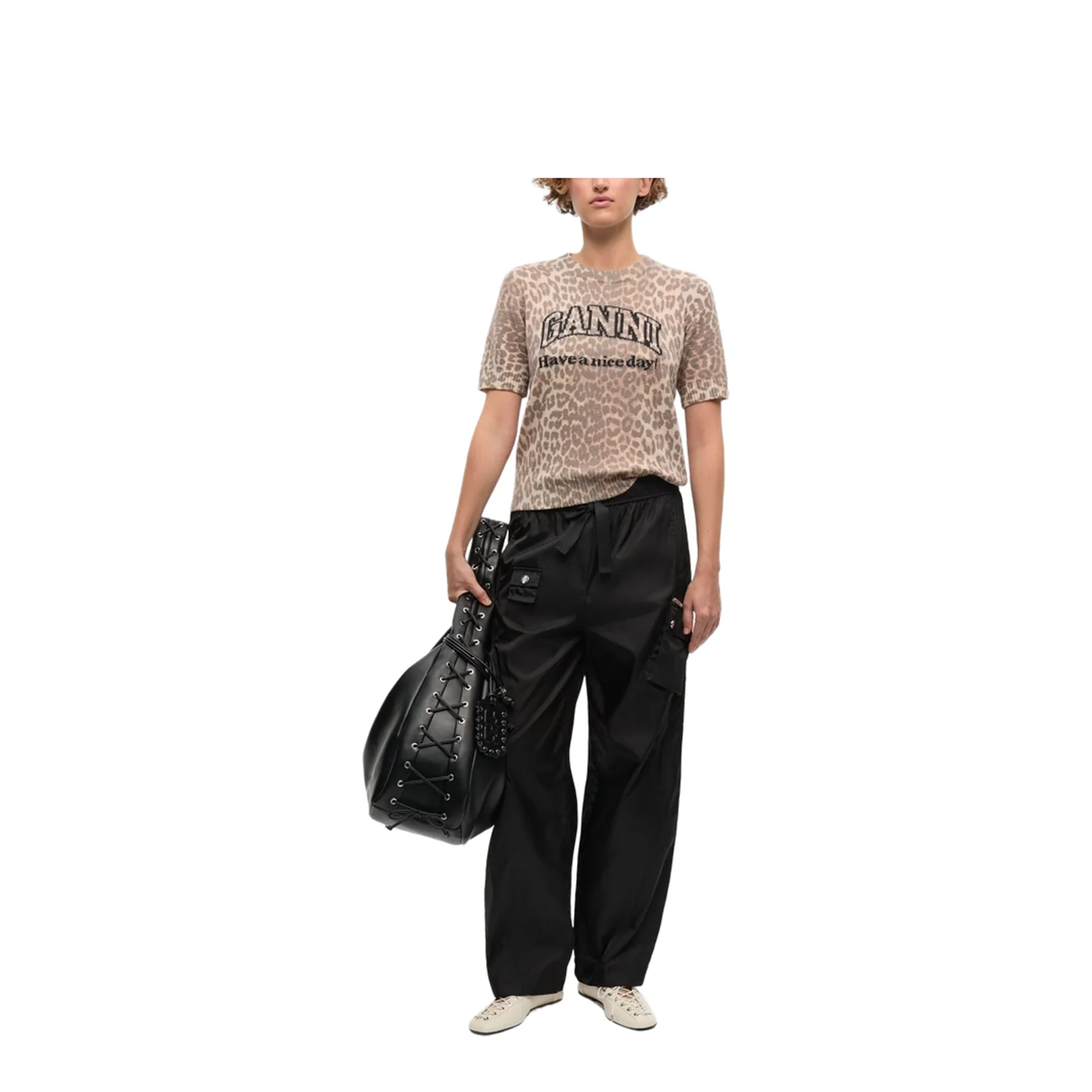 Beige Crew Neck Short Sleeves Leopard Print Ribbed Trim - Image 5